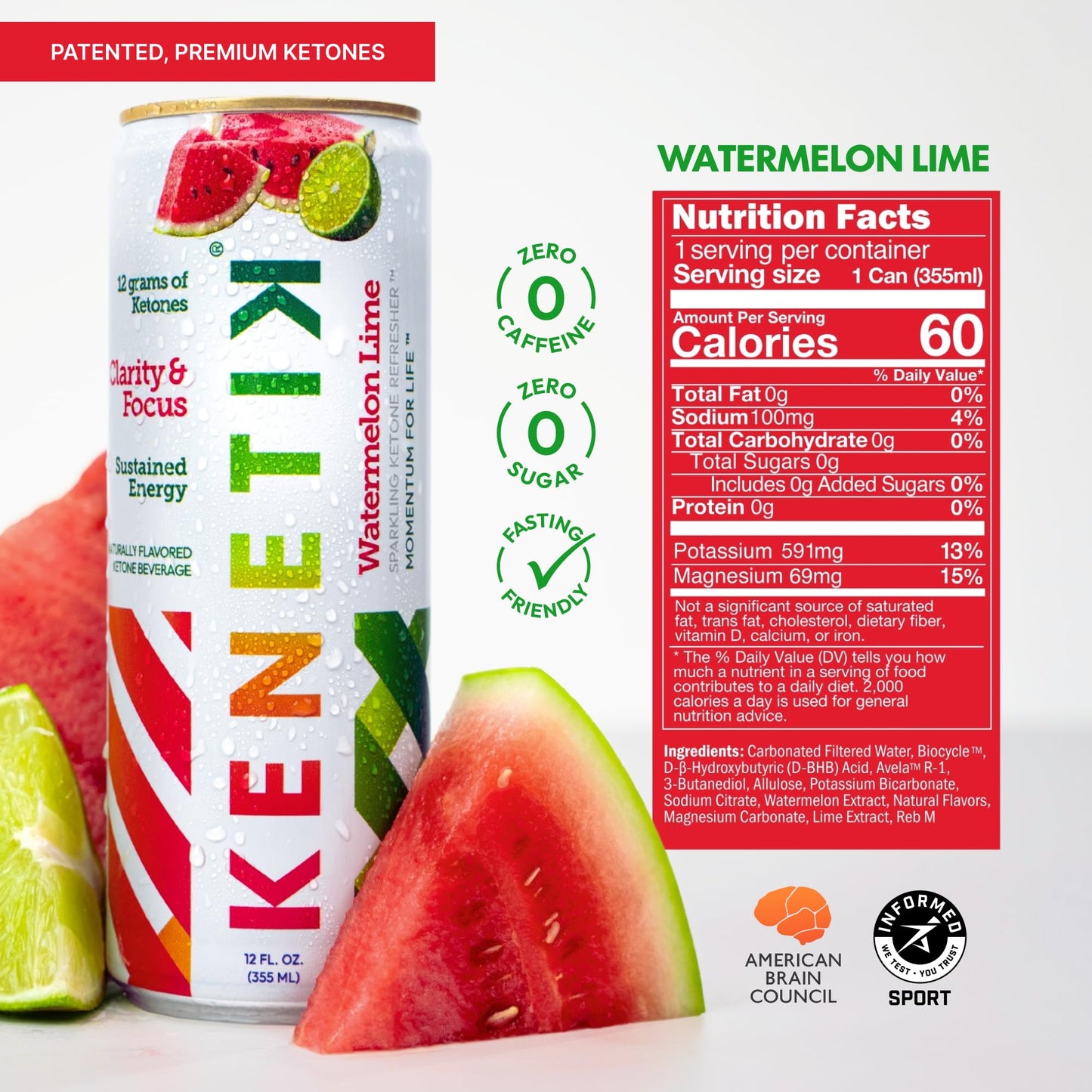 Kenetik Nootropic Ketone Drink, Caffeine & Sugar Free, Watermelon Lime, 12 Fl Oz (Pack of 12)
