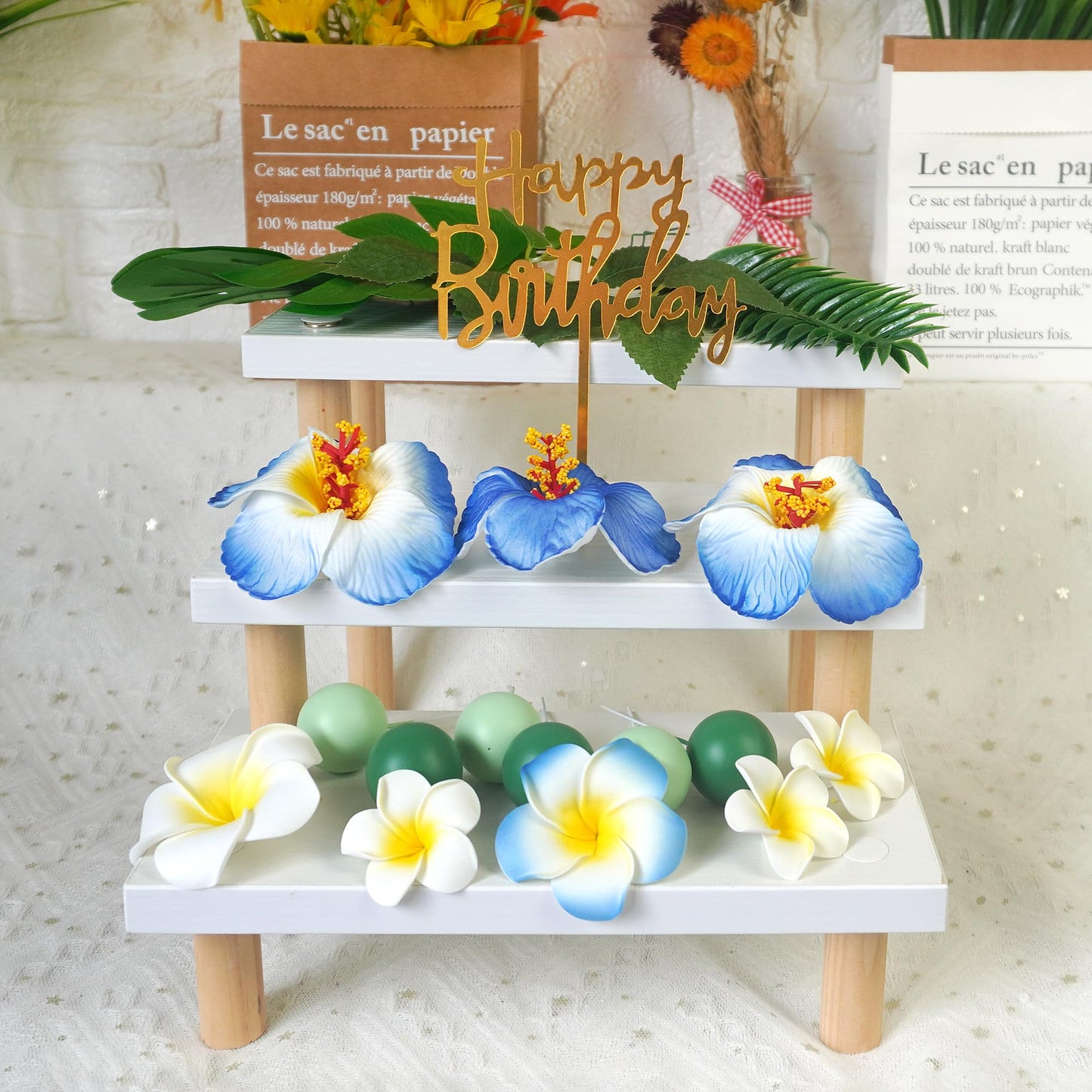 23 Pcs Flower Cake Topper Hawaiian Cake Decorations With Palm Leaves Hibiscus Flowers Balls For Hawaii Aloha Jungle Summer Theme