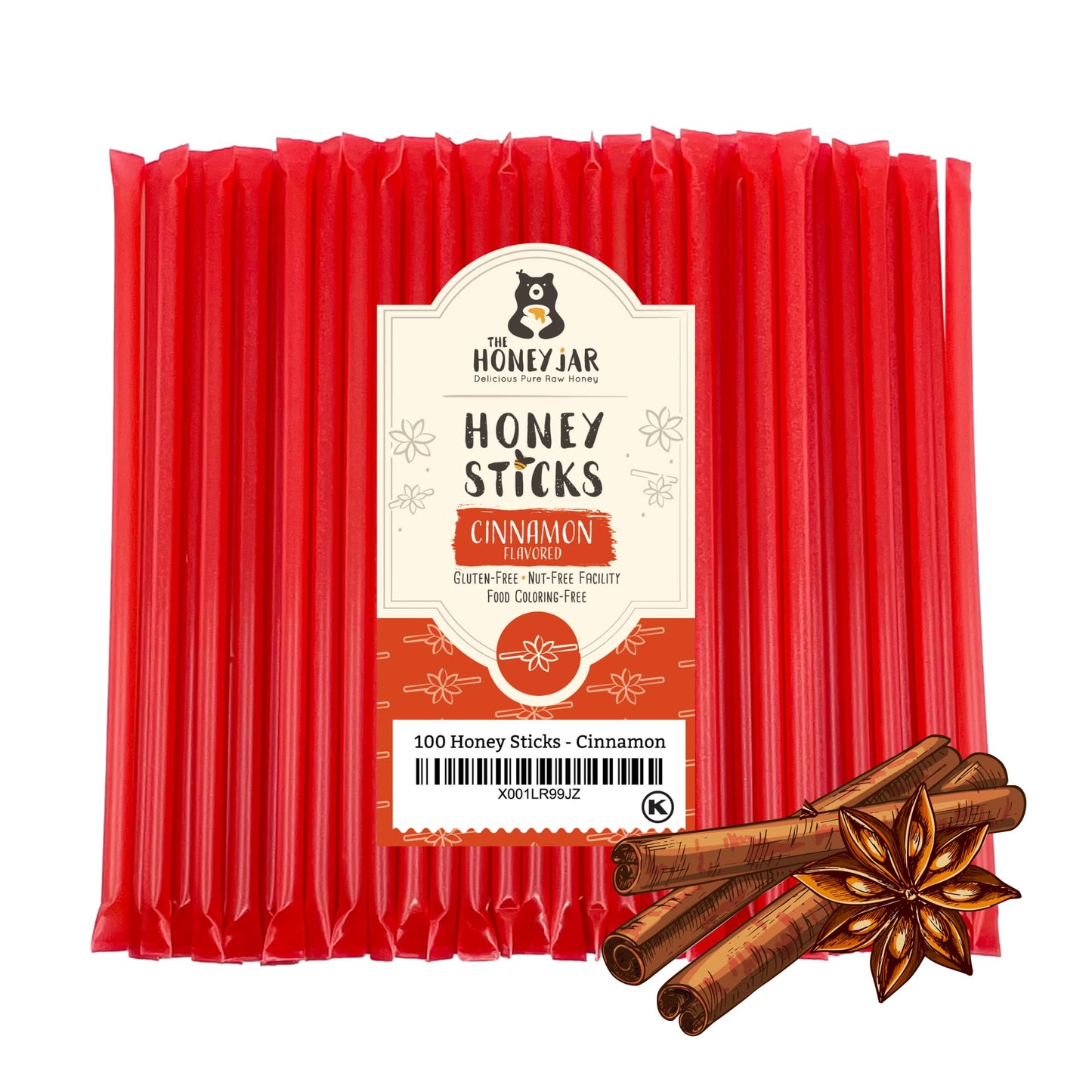 The Honey Jar Cinnamon Flavored Raw Honey Sticks - 100 Count Honey Straws for Tea and Coffee