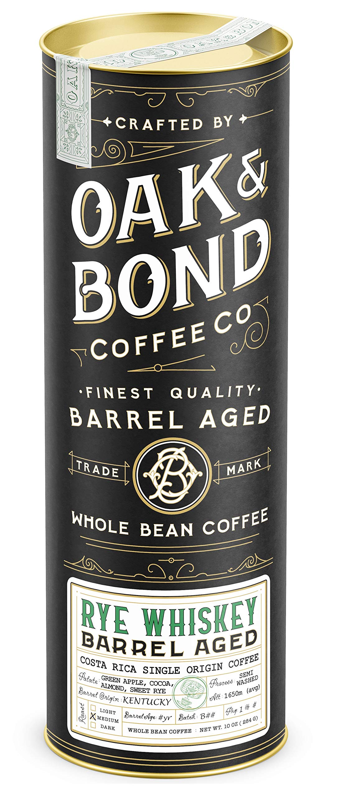 OAK & BOND Whole Coffee Bean, Medium Roast, Cocoa & Almond Notes, 10oz, Black
