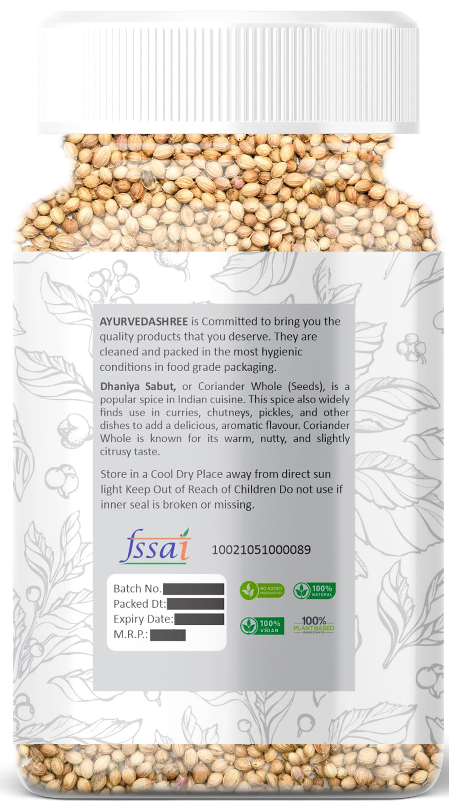 AYURVEDASHREE Coriander Whole (Indian Dhania) Spice 80gm PET Jar | All Natural | Salt-Free | Vegan | No Colors | | NON-GMO | Dha