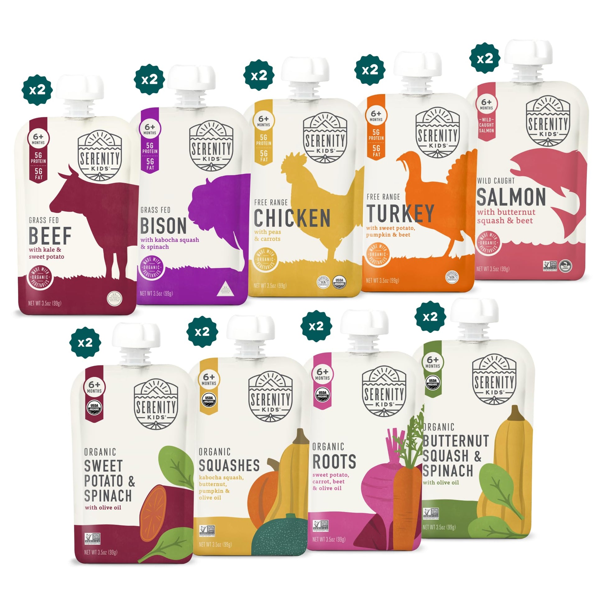Serenity Kids 6+ Months Meats + Veggies Mixed Baby Food Puree Pouch Variety Pack 18 Count- No Sugary Fruits Or Added Sugar - 3.5 Oz Bpa & Allergen Free Pouch- Baby Puree Variety Pack - Pouches - Bison