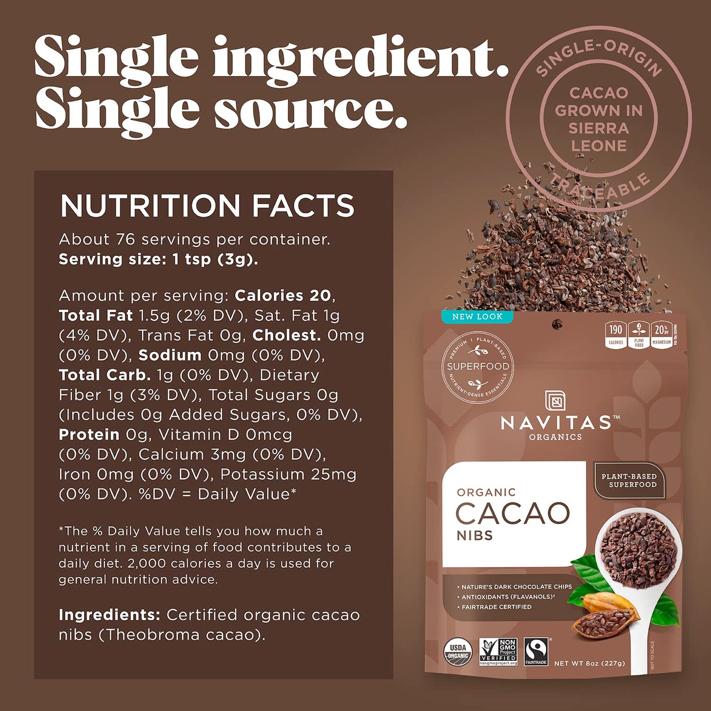 Navitas Organics Cacao Nibs, 8 Oz. Bag, 76 Servings — Organic, Non-Gmo, Fair Trade, Gluten-Free