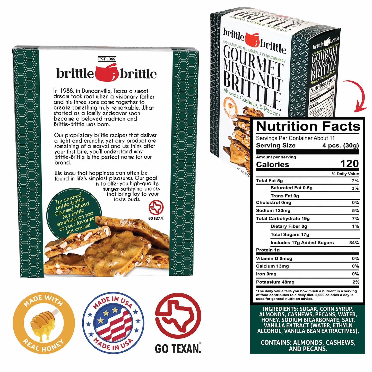 Brittle-Brittle Mixed Nut Brittle Candy, Handmade Gourmet Treat, Gluten Free, 12 oz Box, Pack of 8