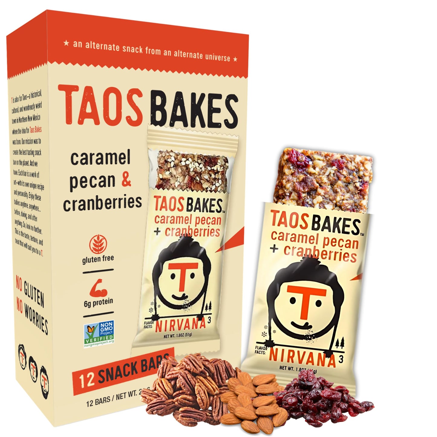 Taos Bakes Breakfast Bars - Caramel Pecan & Cranberries - Gluten Free - 12 Pack (1.8oz Bars)
