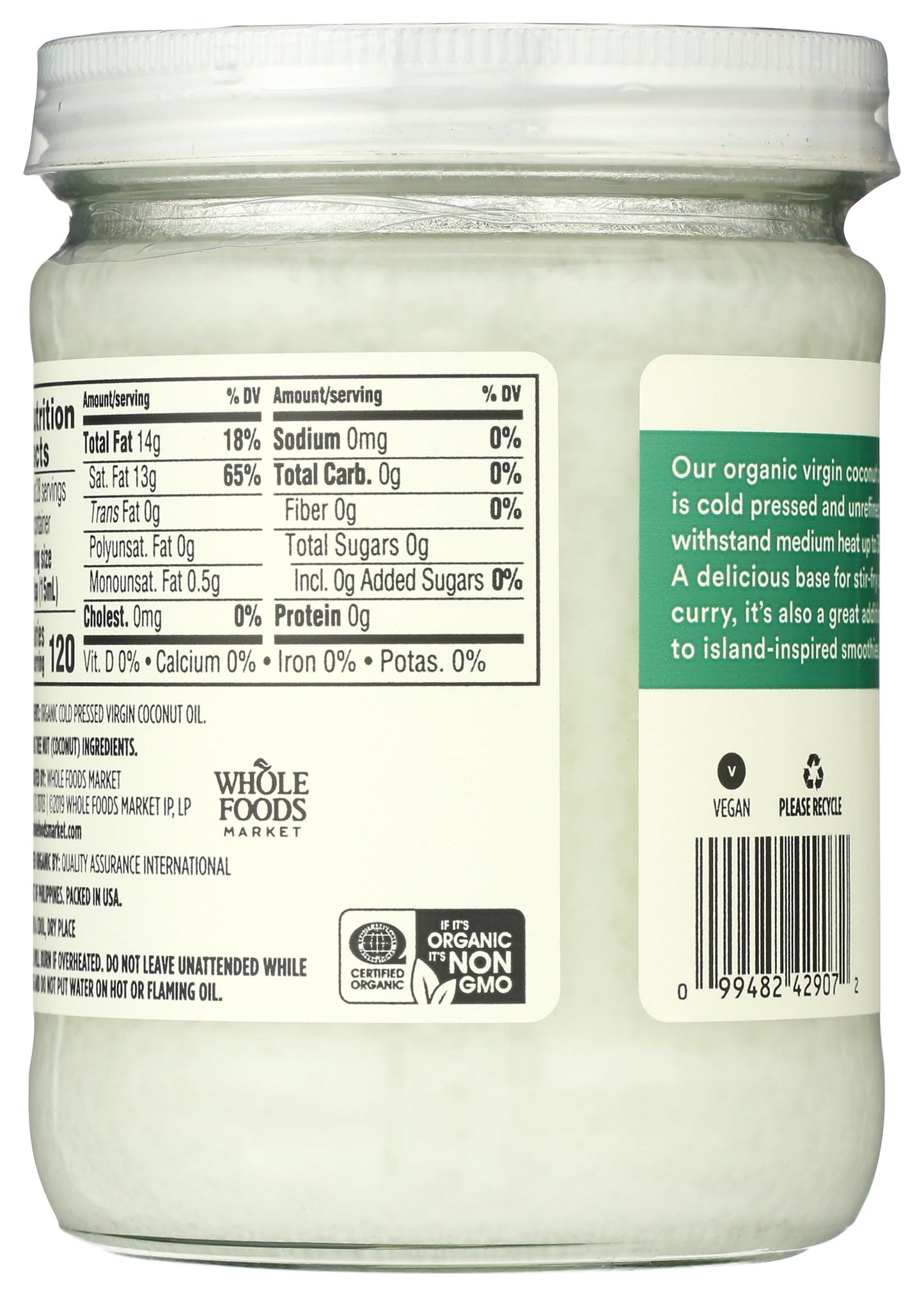 365 by Whole Foods Market Organic Unrefined Virgin Coconut Oil, 14 Fl Oz - Pure, Natural Cooking Oil, Non-GMO, Vegan
