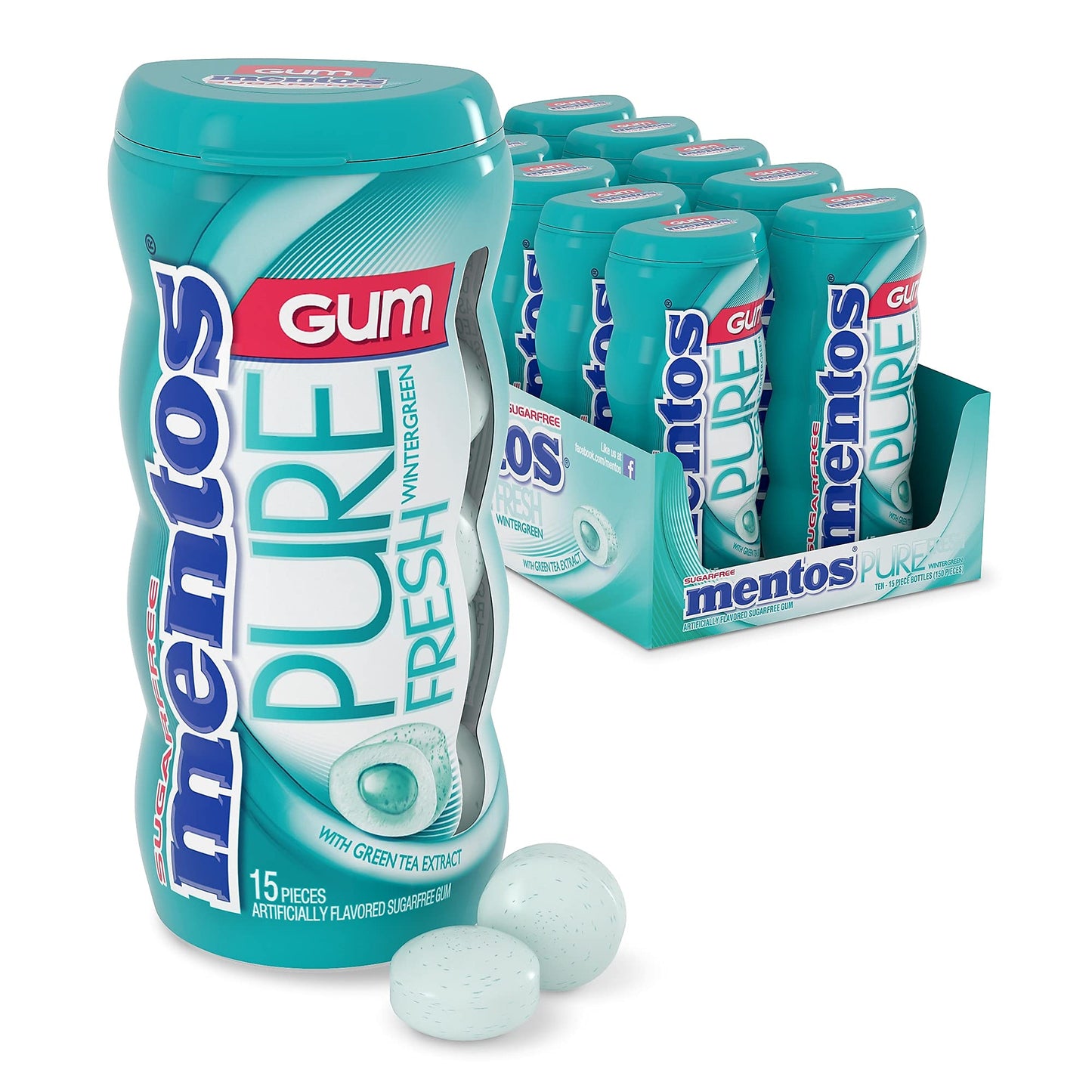 Mentos Pure Fresh Sugar-Free Chewing Gum with Xylitol, Wintergreen, 15 Piece Bottle (Bulk Pack of 10)