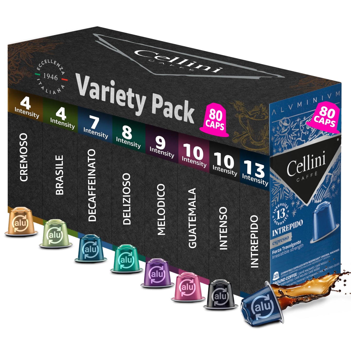 Cellini Caffè Nespresso Pods, 8 Italian Flavors, 80 Count, Medium to Strong Roast, Compatible with Nespresso Original Machines