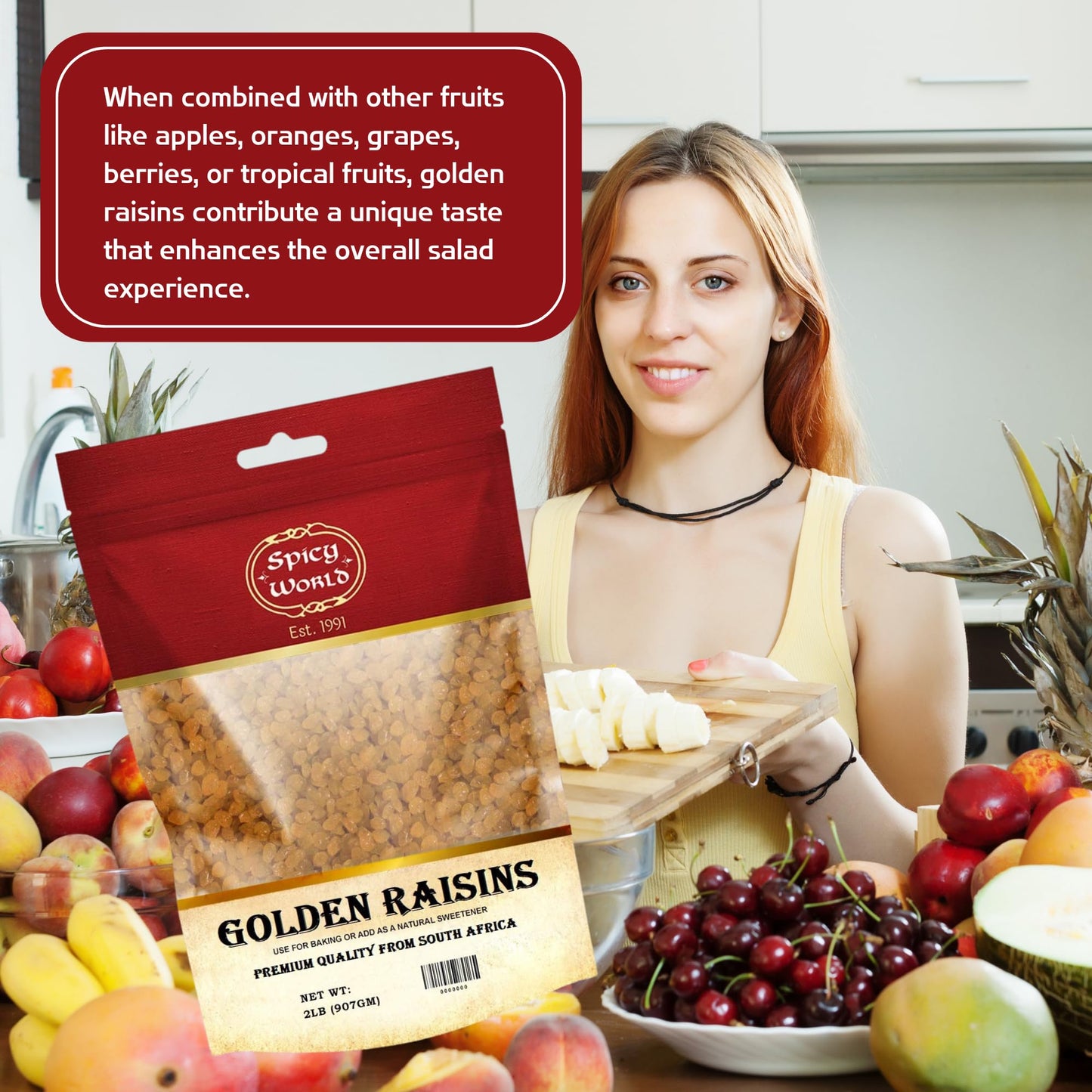 Spicy World Golden Raisins 2 Lb Bulk Bag - Sweet & Seedless Sultanas From South Africa | | Perfectly Dried For Natural Sweetness | Ideal Dried Fruit Snack | For Baking & More | No Added Sugar