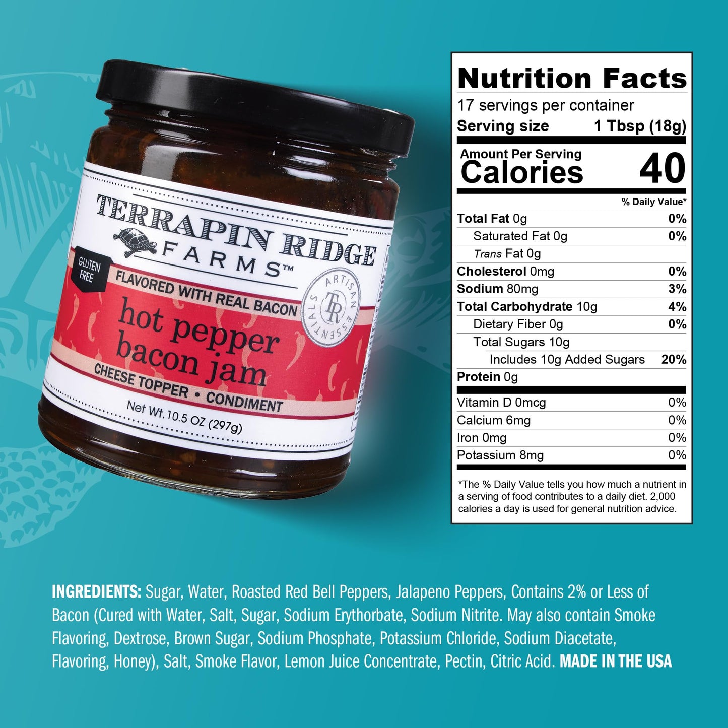 Terrapin Ridge Hot Pepper Bacon Jam – Sweet & Spicy Gourmet Condiment – 10.5 oz Jar