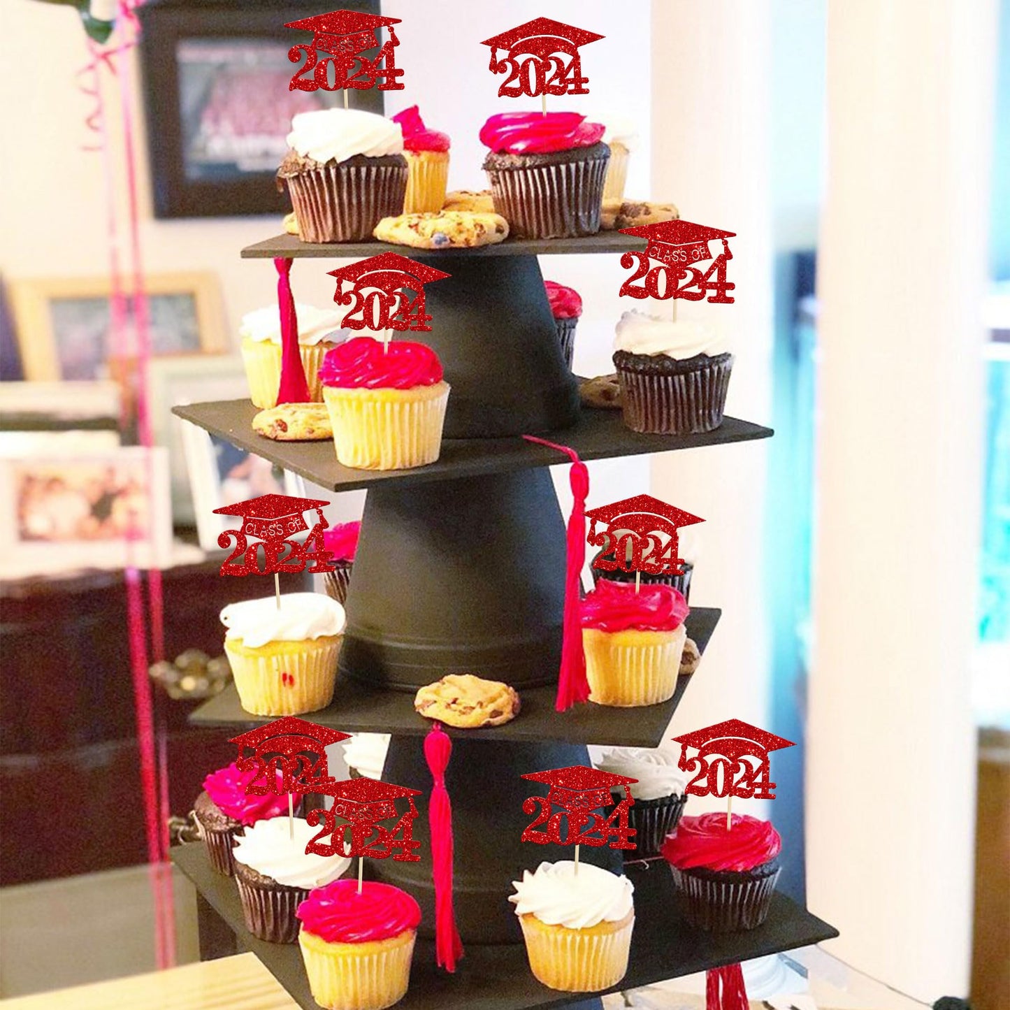 Gyufise 24 Pack 2024 Graduation Cap Cupcake Toppers Red Glitter Class Of 2024 Congrats Grad Cap Cupcake Picks For So Proud Of Yo