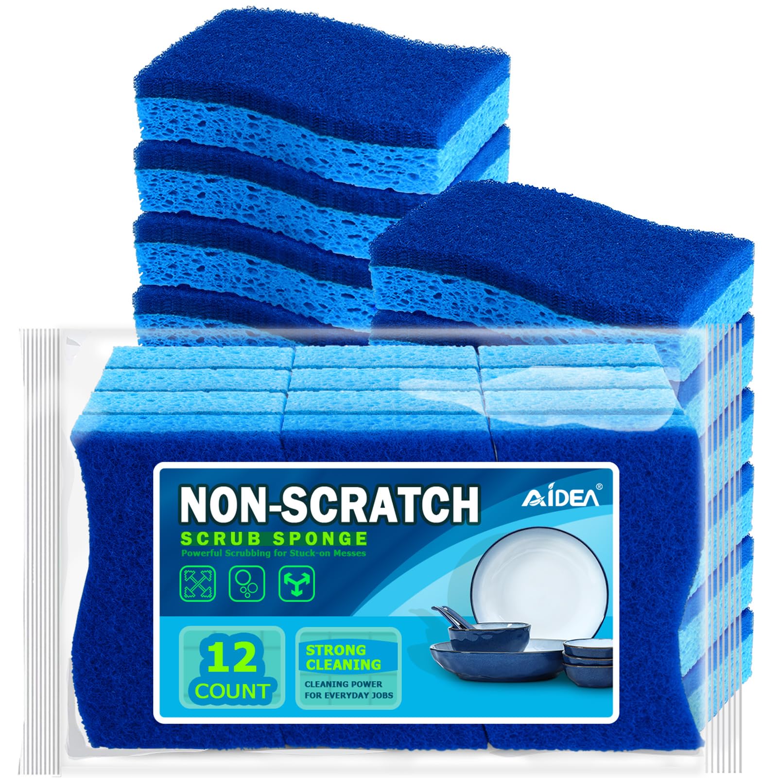 Aidea-Brite Non-Scratch Scrub Sponge-12Count, Sponges For Dishes, Cleaning Sponge, Cleans Fast Without Scratching, Stands Up To 