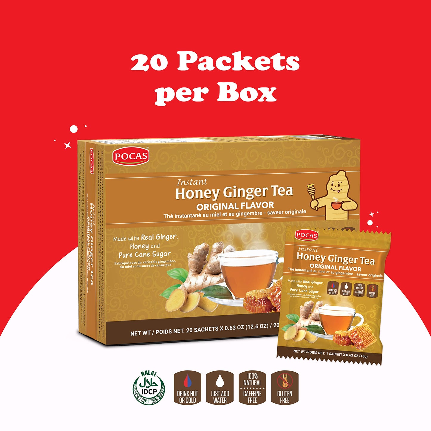 Pocas Honey Ginger Tea Instant Powder, Original Flavor, 12.7 Ounce (20 Pack)