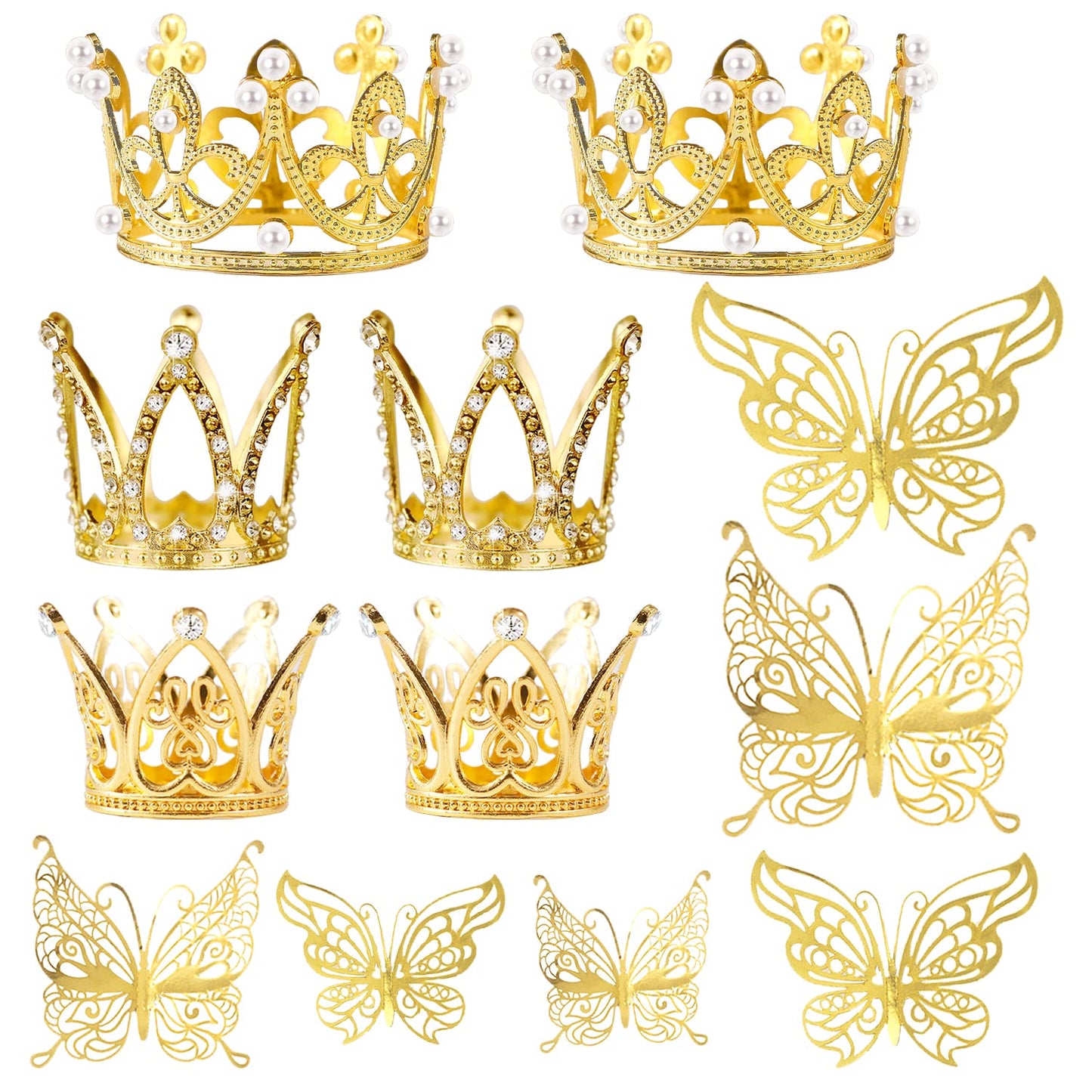 30 Pieces Mini Crown Cake Topper Small Gold Crown Mini Tiara With Gold Butterfly Decoration 3D Gold Butterflies For Flower Arran