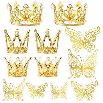 30 Pieces Mini Crown Cake Topper Small Gold Crown Mini Tiara With Gold Butterfly Decoration 3D Gold Butterflies For Flower Arran