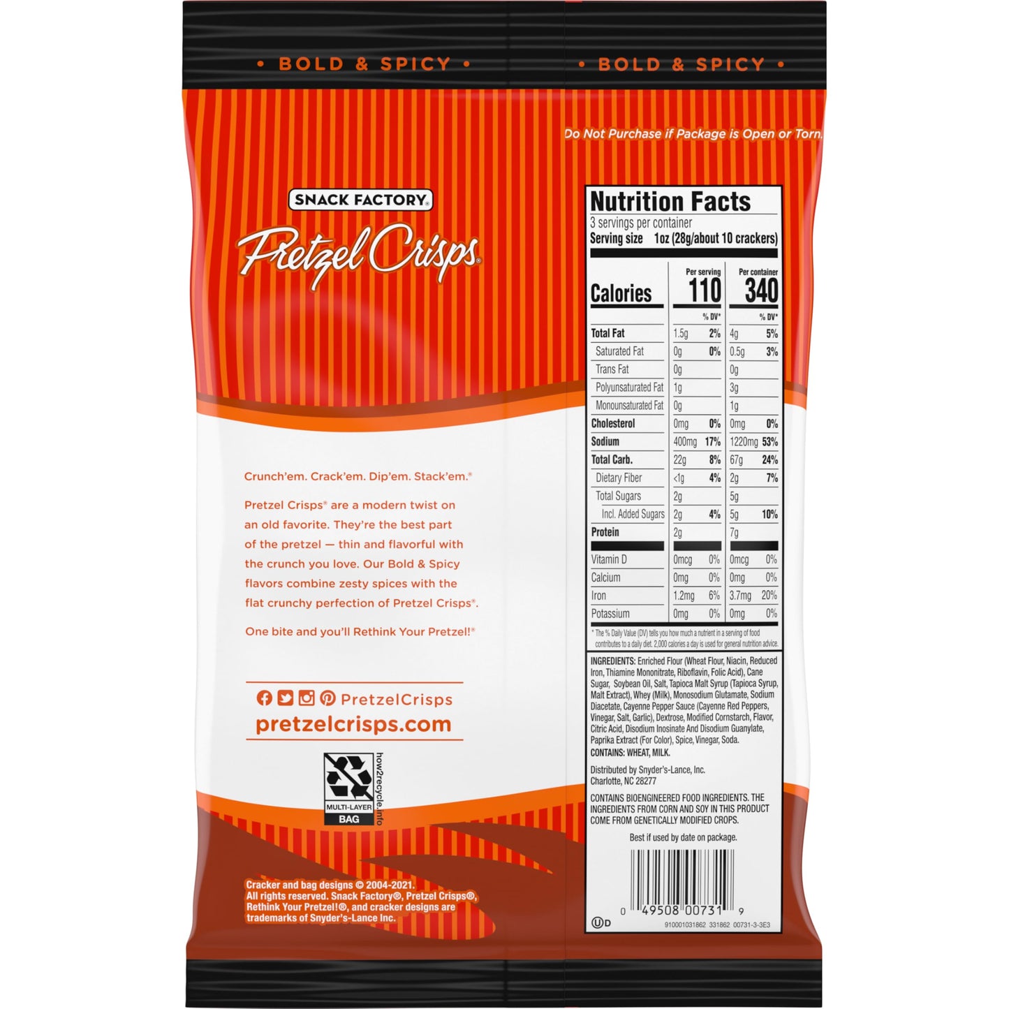 Snack Factory Pretzel Crisps, Buffalo Wing, On-the-Go Bag, 3 Oz (Pack of 8)