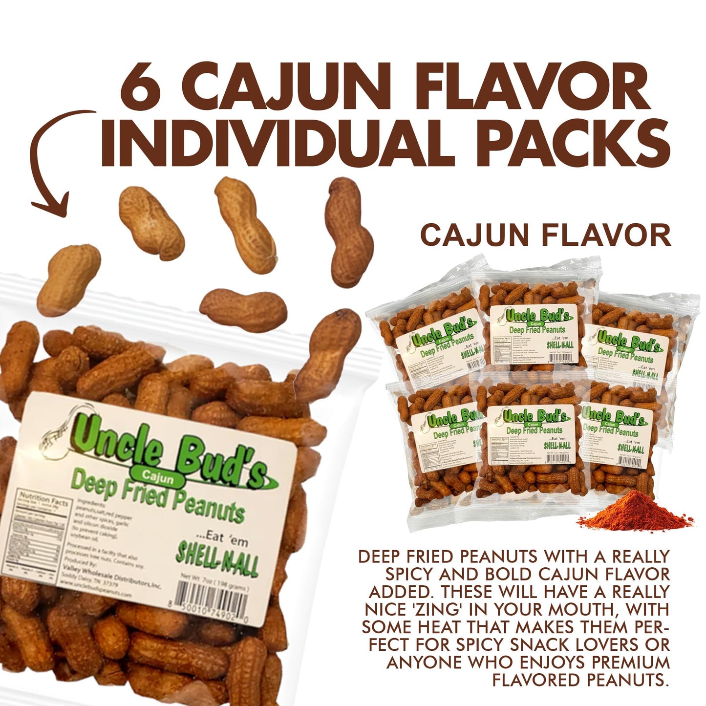 Jerky-n-Spice Uncle Buds Deep Fried Peanuts - Spicy Cajun Flavor, 6-Pack, 7 inches, Crunchy Hot Peanut Snacks