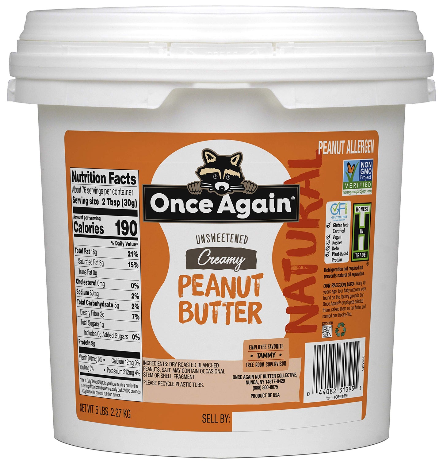 Once Again Natural, Creamy Peanut Butter, 5lb Pantry Pal (same as 5 jars) - Lightly Salted, Unsweetened - Gluten Free Certified,
