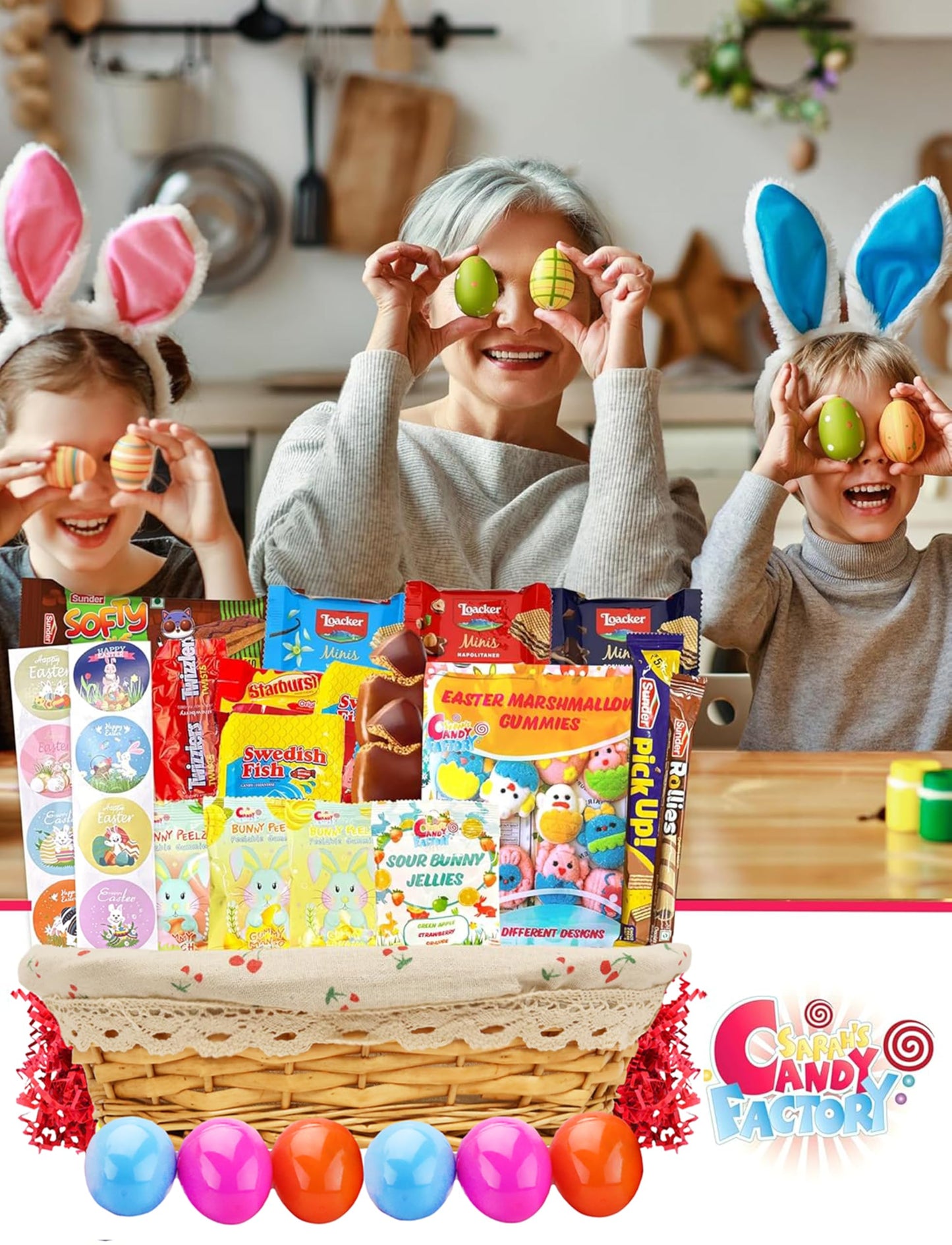 Easter Snack Basket With Liner (50 Count) Filled With Treats, Candy, Peelable Gummies, Marshmallow Gummies, Bunny And More, Grea