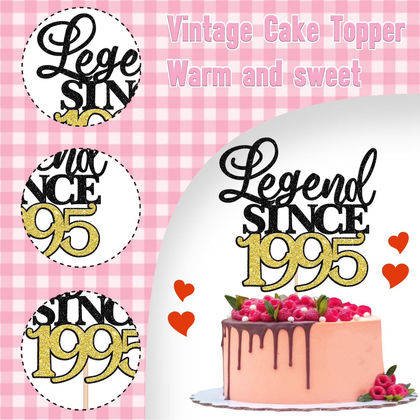 Rssta i Cake Topper, Legend Since 1995, Black Gold Glitter, Model XM398, 30th Birthday Decoration
