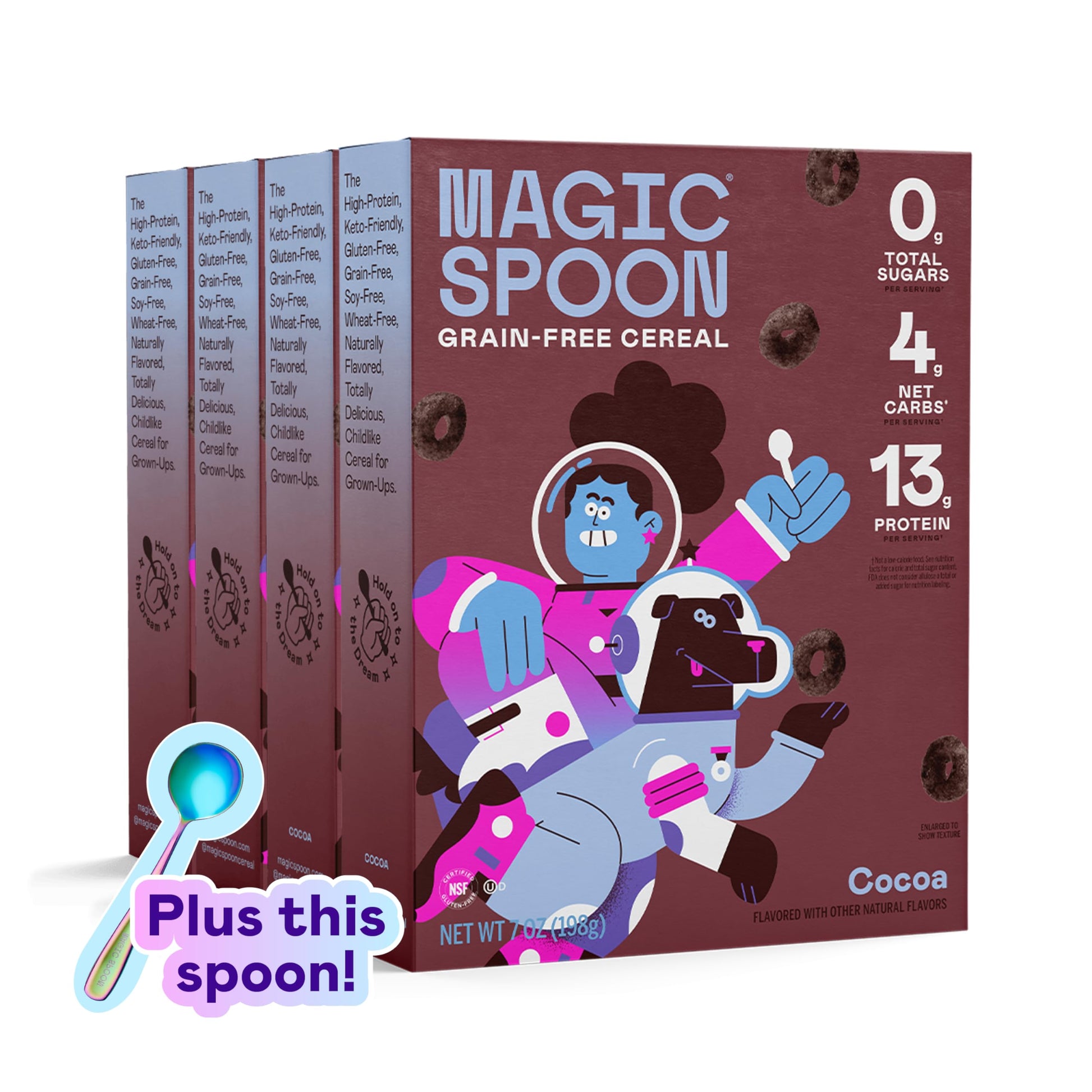 Magic Spoon Cereal, Cocoa 4-Pack Of Cereal And Spoon - Keto & Low Carb Lifestyles, Gluten & Grain Free, High Protein, 0G Sugar