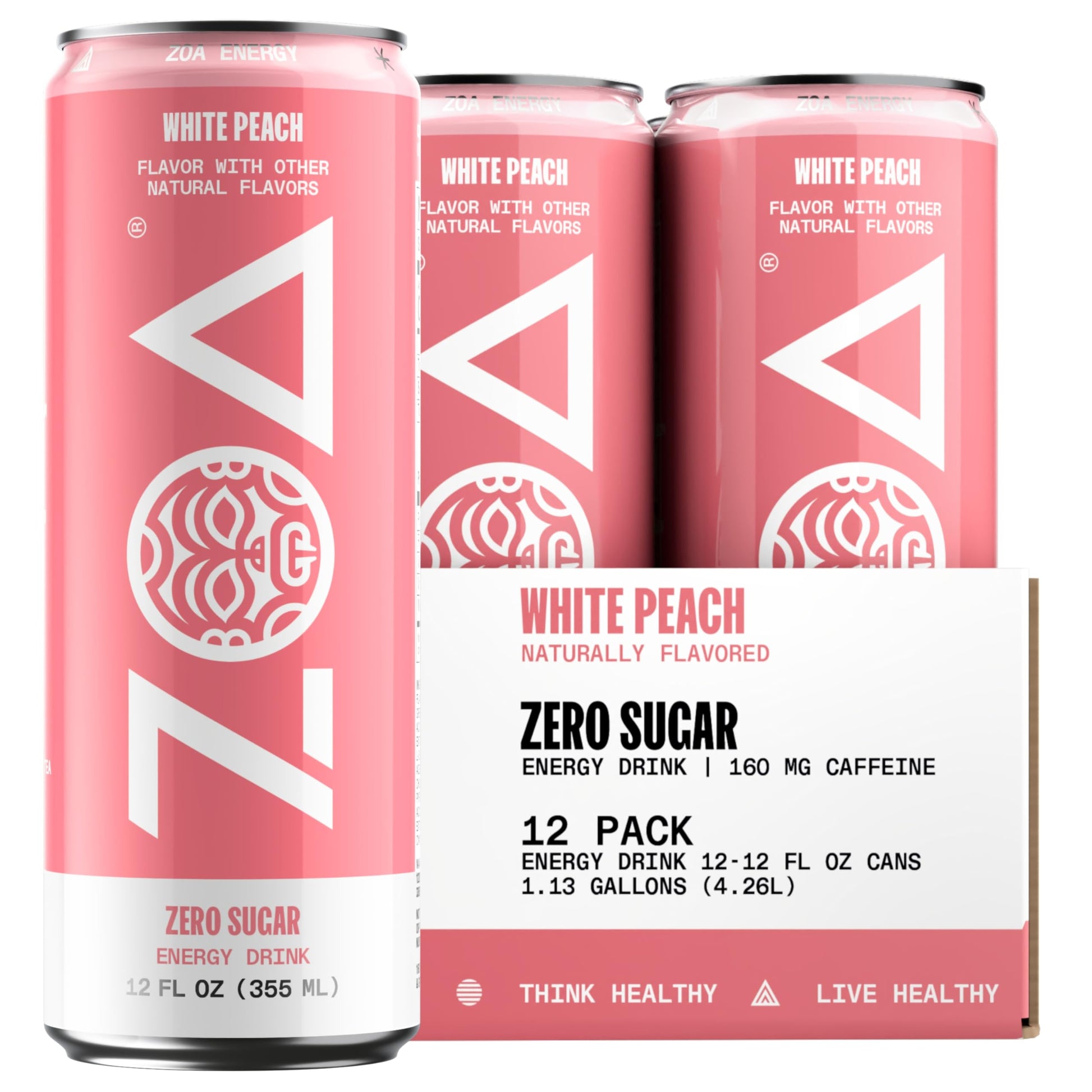 ZOA Zero Sugar Energy Drink, White Peach, Electrolytes, Amino Acids, B-Vitamins, Caffeine, 12 Fl Oz (Pack of 12)