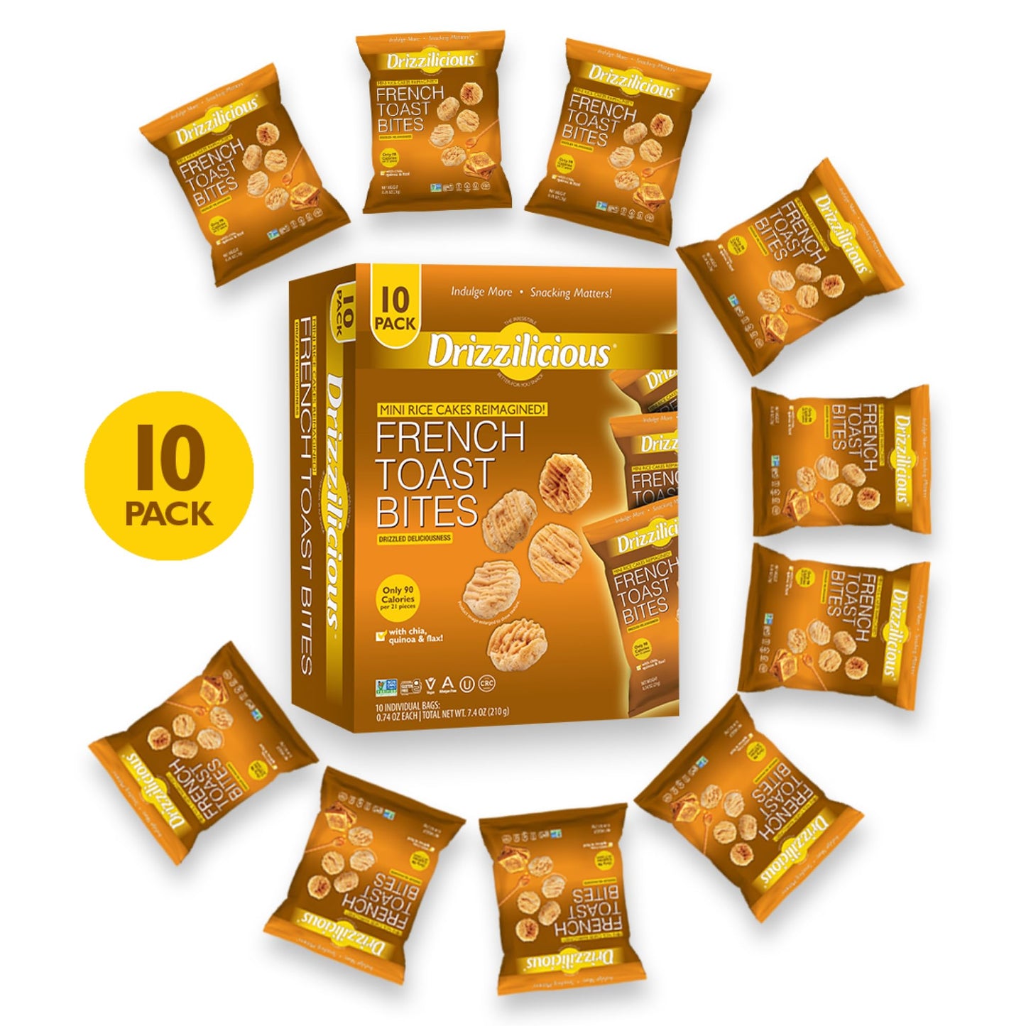 Drizzilicious Mini Rice Cakes French Toast - Rice Crisps  Healthy Snack for mature-themeds and Kids  Flavored Rice Cakes  Vegan  Gluten Free  Allergen Free  Only 90 Calories Per Bag - .74 oz (Pack of 10)