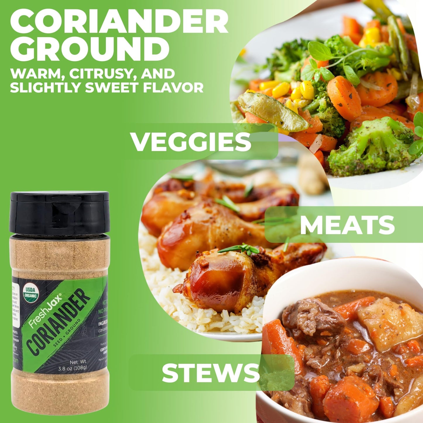 Freshjax Ground Organic Coriander Seeds Powder (3.8 Oz Bottle) Non Gmo, Gluten Free, Keto, Paleo, No Preservatives Coriander Pow