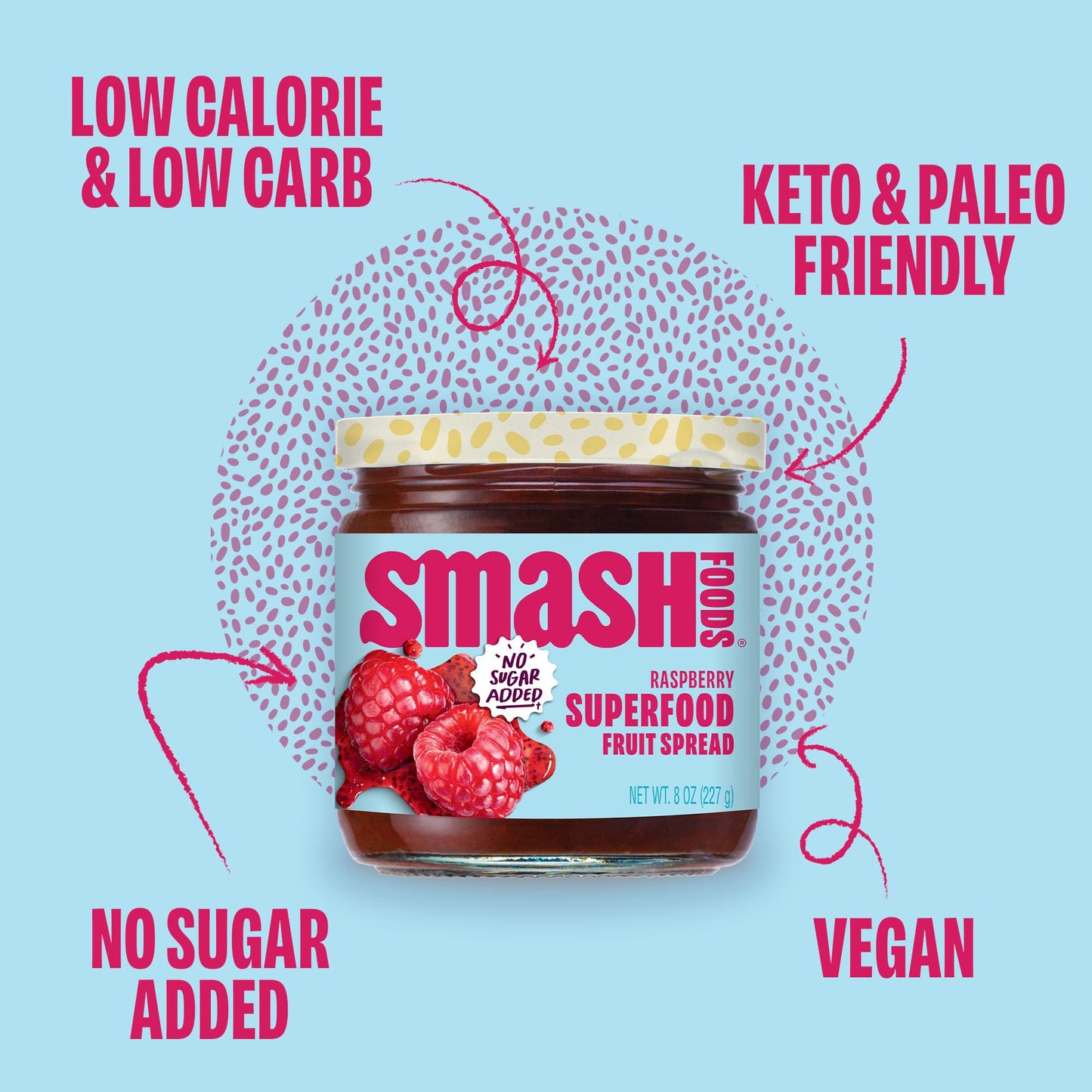 Chia Smash Raspberry Jam - No Sugar Added, Keto Friendly, Vegan - 6 Jars, 8oz