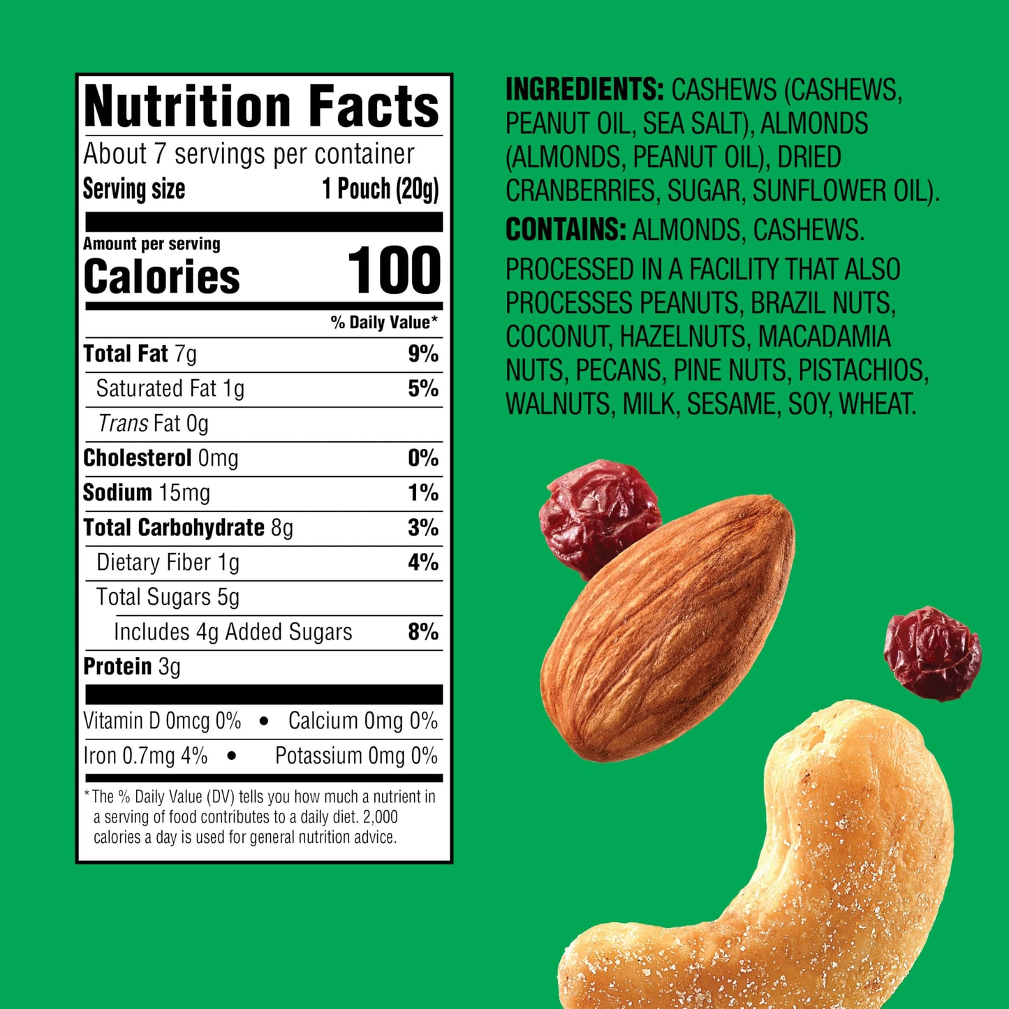 Emerald Nuts Cashews and Almonds with Dried Cranberries 7 Ct (1-Pack) | 100-Calorie Individual Packs of Nut Blend and Dried Frui