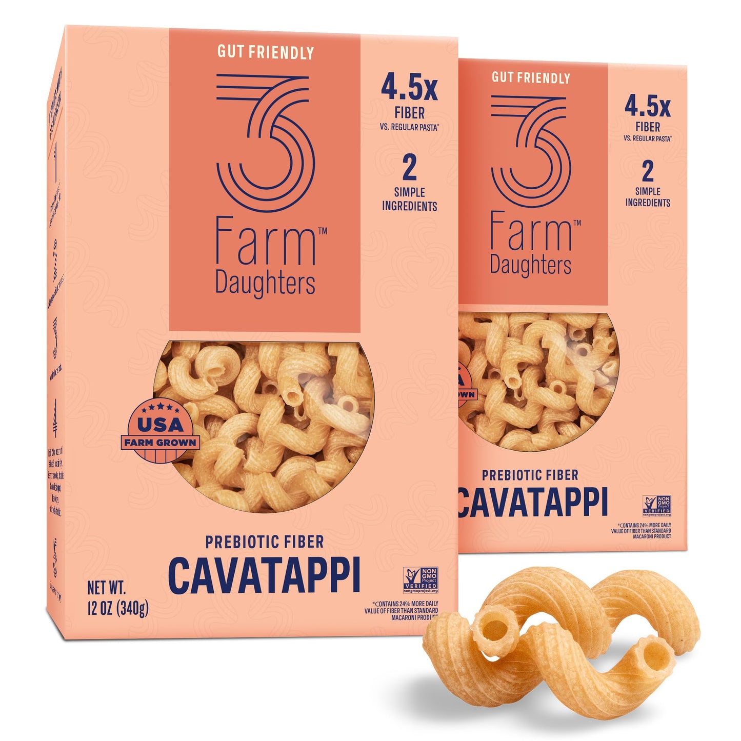 Three Farm Daughters High Fiber Pasta Cavatappi Pack, Low GI, Non GMO Cavatappi Pasta Noodles, Low Net Carb, Made in the USA, 12
