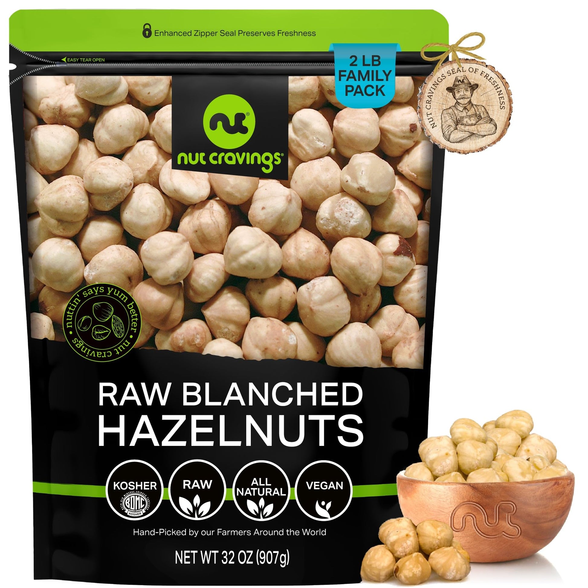 NUT CRAVINGS - Raw Blanched Hazelnuts Filberts - Unsalted, Shelled, (32oz - 2 LB) Bulk Nuts Packed Fresh in Resealable Bag - Kos