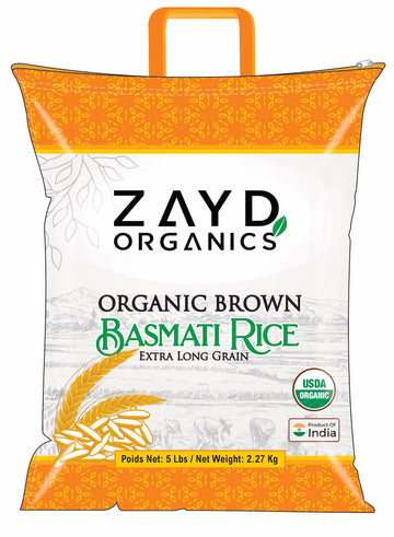 Zayd Organics Brown Basmati Rice 5lbs, Indian Traditional Extra Long Basmati Rice, Vegan, Fresh