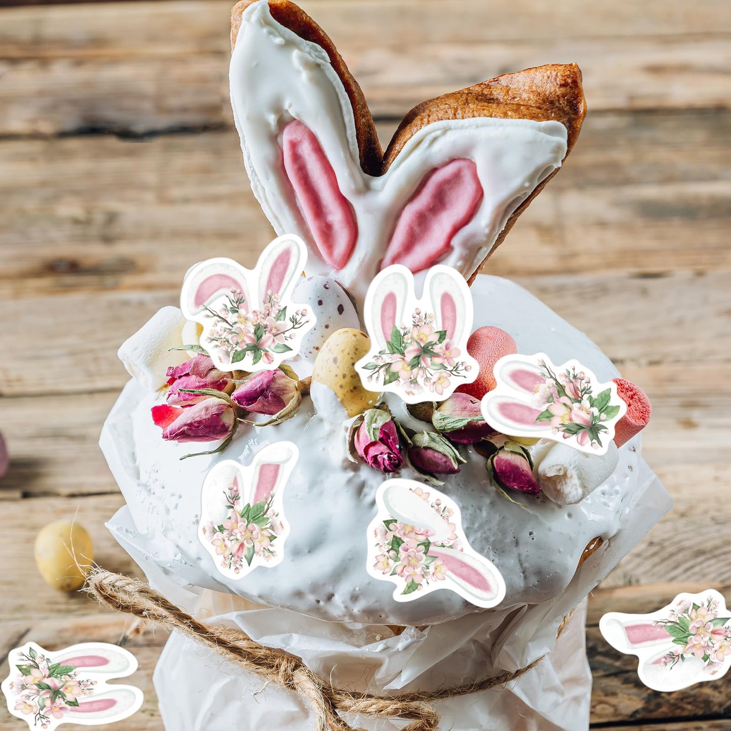 33Pcs Edible Floral Easter Bunny Ear Cupcake Toppers Edible Pink White Rabbit Ears Cupcake Picks Wafer Paper Easter Day Cake Top