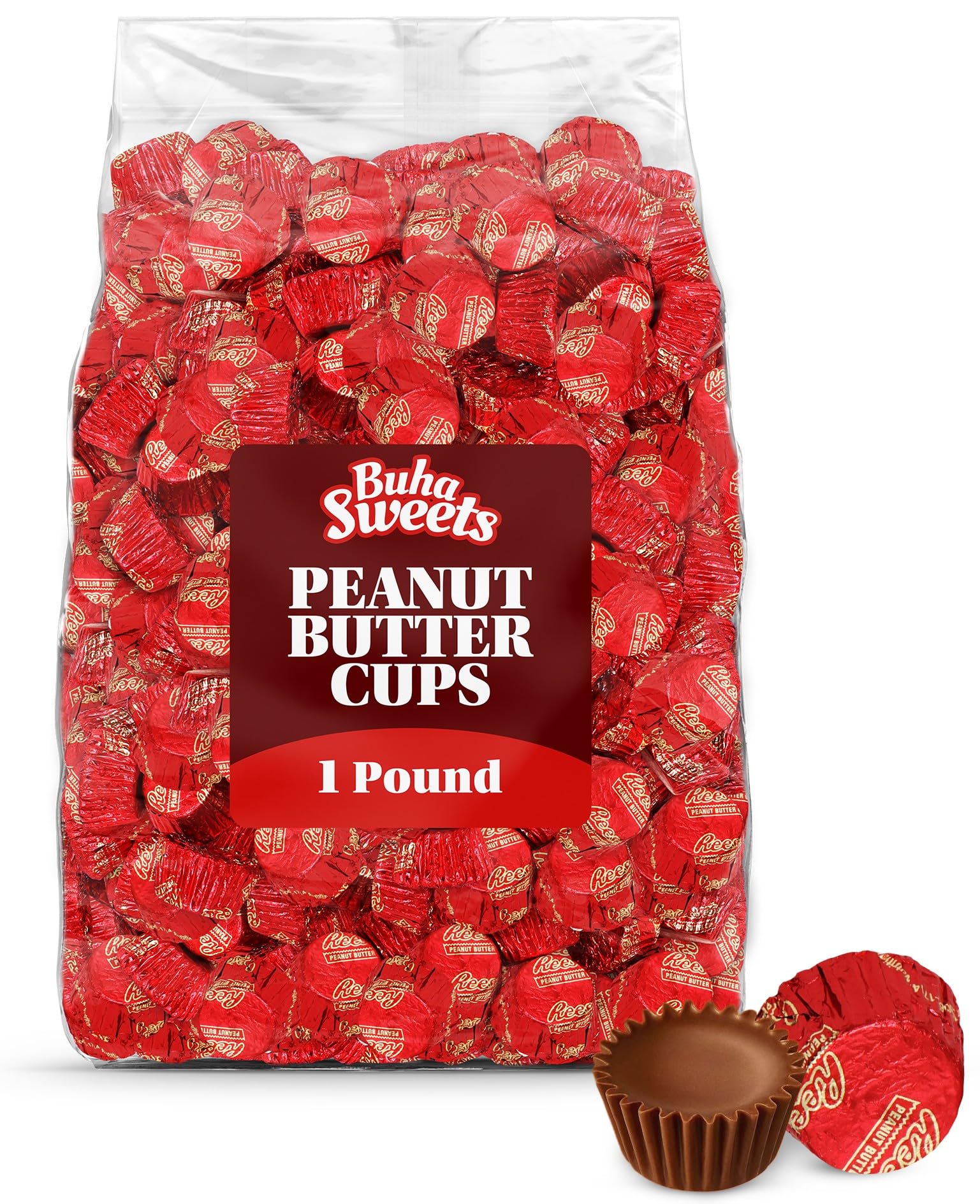 Bulk Milk Chocolate Peanut Butter Cups Miniatures 1 Pound - Individually Wrapped Chocolate Candy In Red Foil For Parties, Gift Bags, And Candy Buffets - Approx 55 Pieces