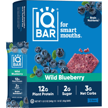 Iqbar Brain And Body Plant Protein Bars - Wild Blueberry - 12 Count, Low Carb, High Fiber, Gluten Free, Healthy Vegan Snacks - L