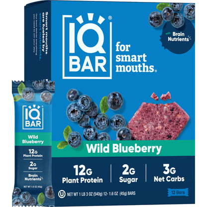 IQBAR Brain and Body Plant Protein Bars - Wild Blueberry - 12 Count, Low Carb, High Fiber, Gluten Free, Healthy Vegan Snacks - L