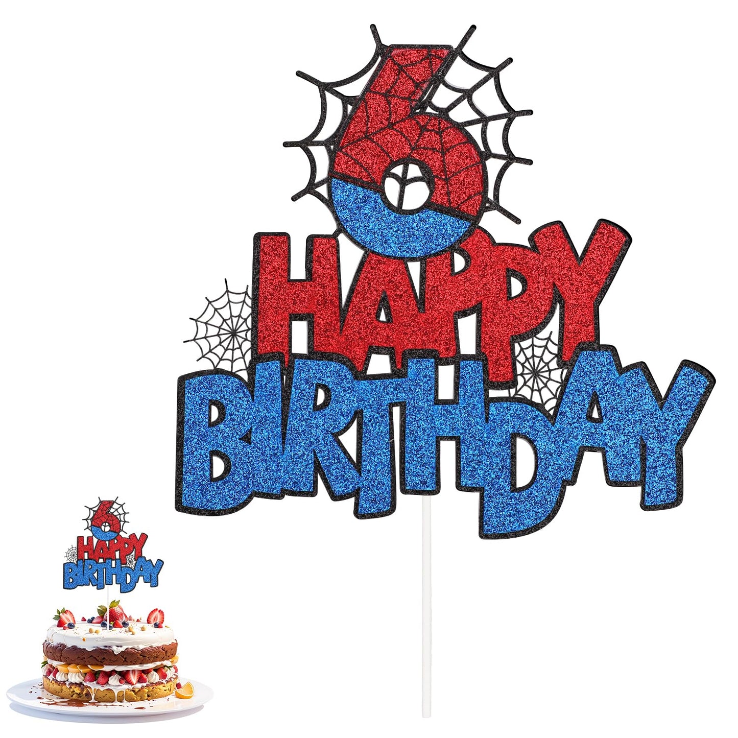 XIHIRCD Spider Birthday Cake Topper, Double-Sided, 5.91x5.71in, Paper, Black/Blue/Red, Model 049