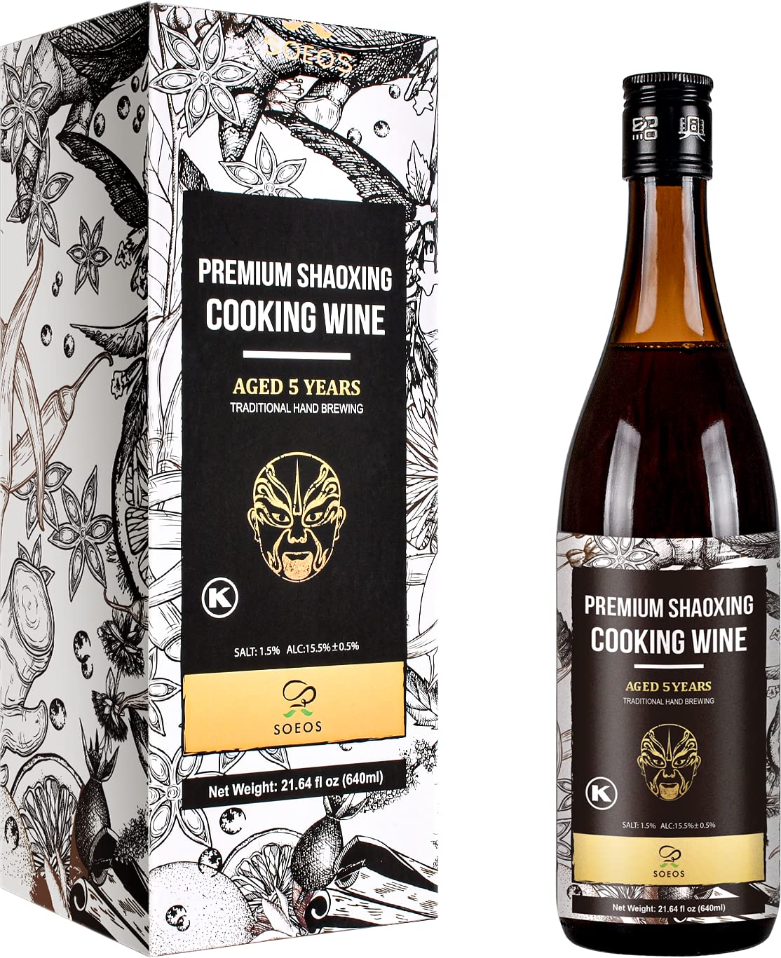 Soeos Shaoxing Rice Cooking Wine, Premium 5 Year Aged, 21.64 fl oz
