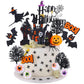 HIYZI Halloween Cake Toppers 48 Pcs 3D Decorations, Plastic, Witch, Bat, Castle, Spider, Skull, Pumpkin, Eyeballs, Hands, Tombstone