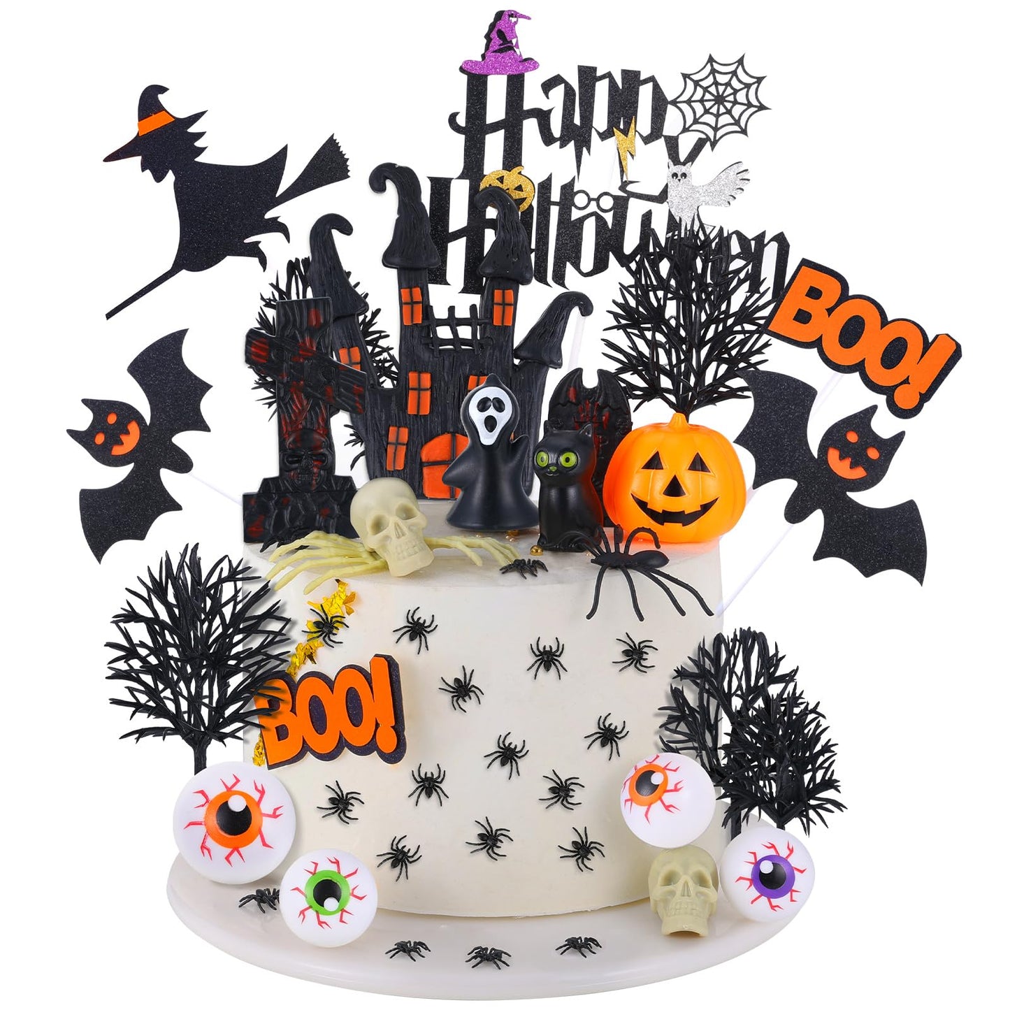 HIYZI Halloween Cake Toppers 48 Pcs 3D Decorations, Plastic, Witch, Bat, Castle, Spider, Skull, Pumpkin, Eyeballs, Hands, Tombstone