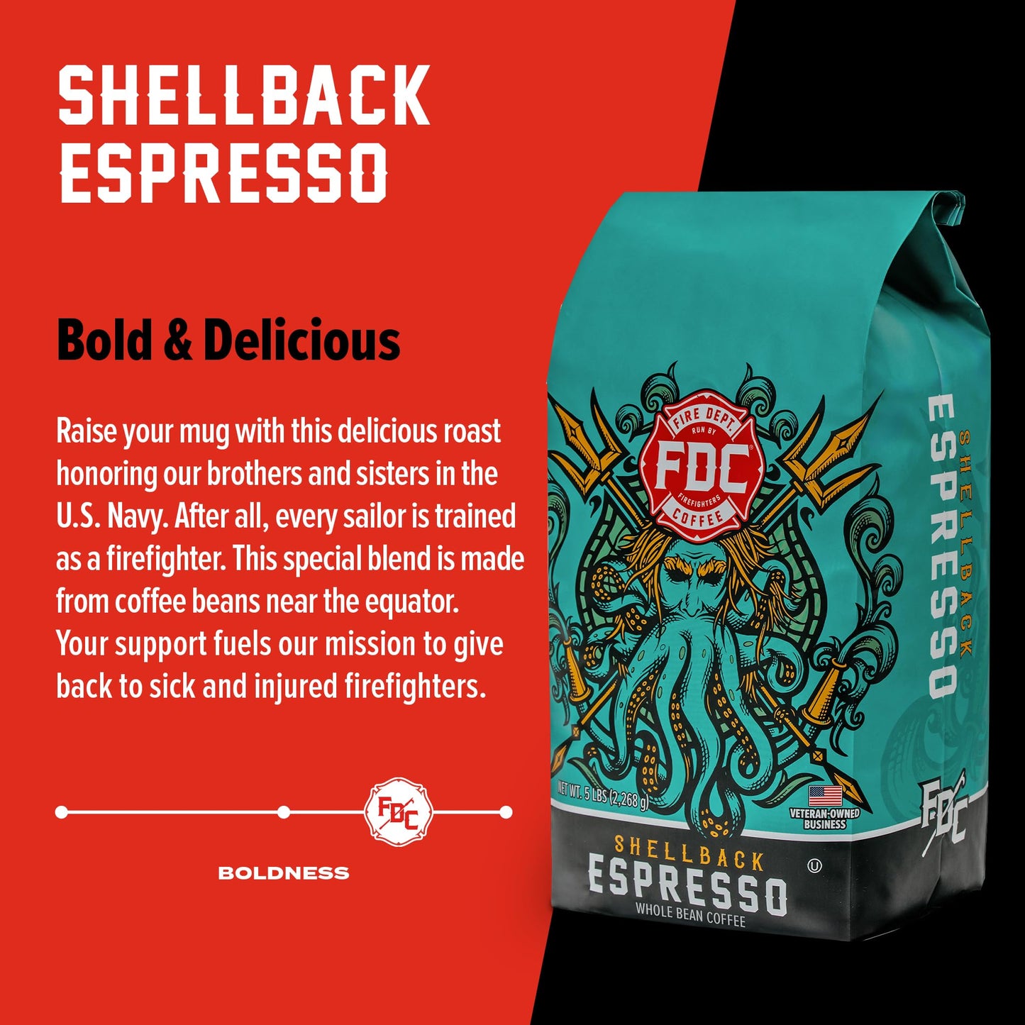 Fire Department Coffee Shellback Espresso Beans - Bold & Smooth - 5 LB Bulk - Veteran Owned - Roasted in the USA