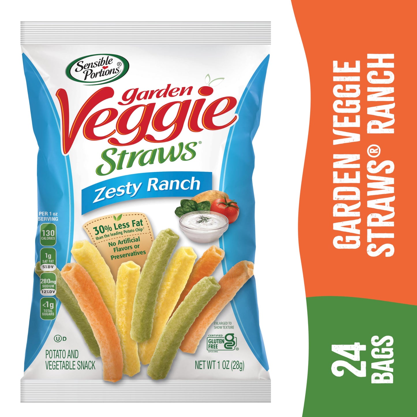 Sensible Portions Garden Veggie Straws, Ranch, Snack Size, 1 Oz (Pack Of 24)