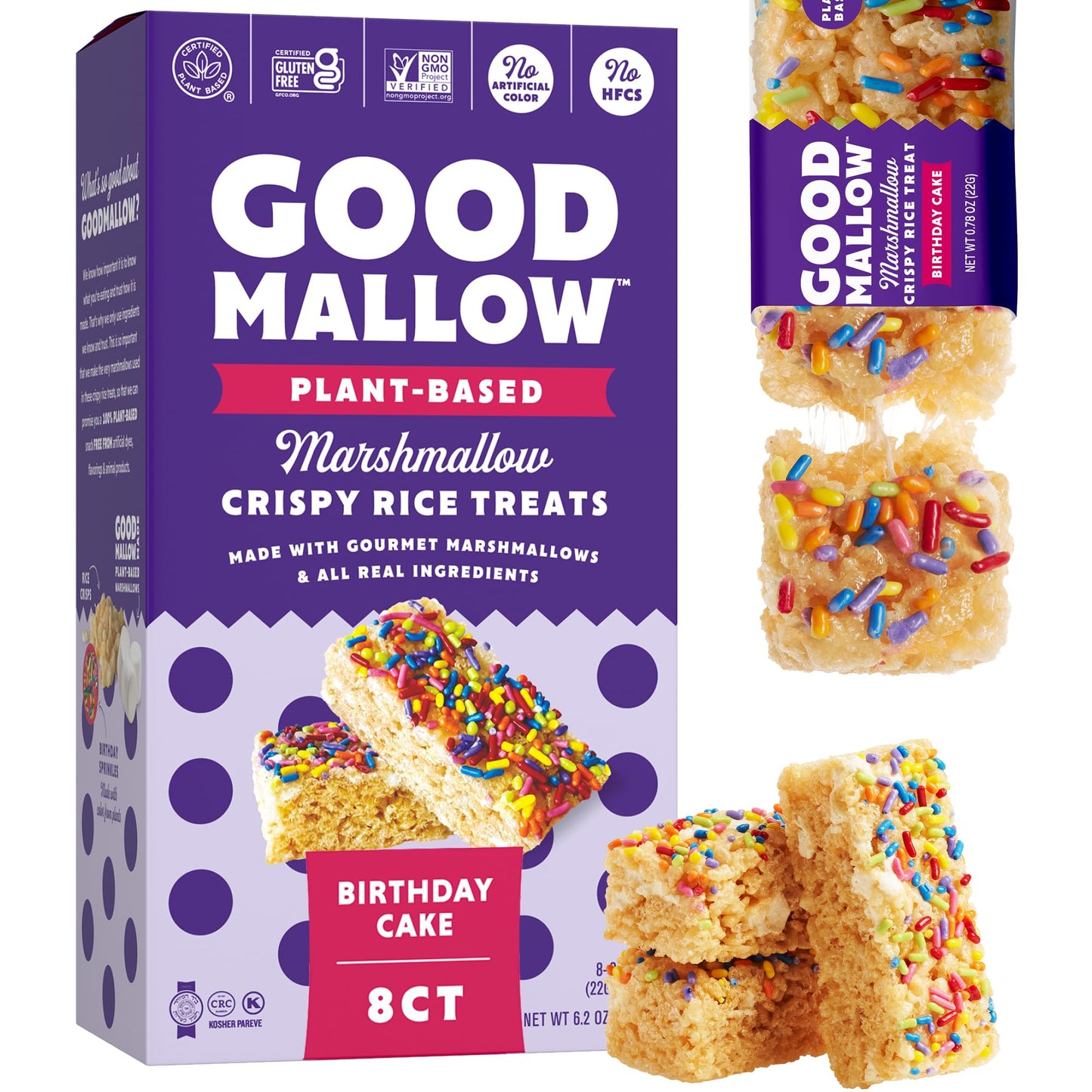 GoodMallow Vegan Rice Crispy  Individually Wrapped Box of 6  Kosher Vegan Snacks  Gluten Free Dairy Free Snacks for Kids & mature-themeds - Healthy Sweets Made with Gourmet Marshmallows (Birthday Cake)