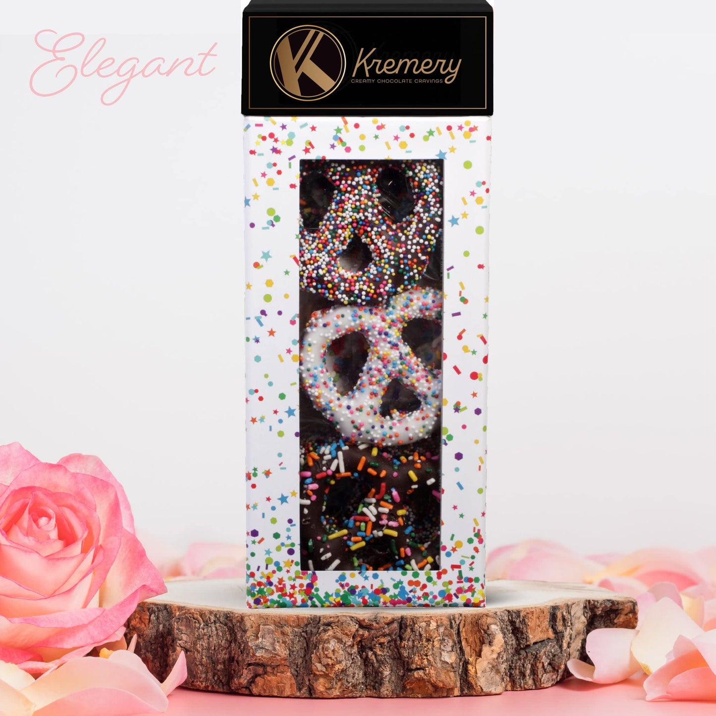 Kremery Creamy Chocolate Cravings - Fathers Day, Chocolate Covered Pretzel Twists Gift Basket, In Confetti Tower (12 Pretzels, A