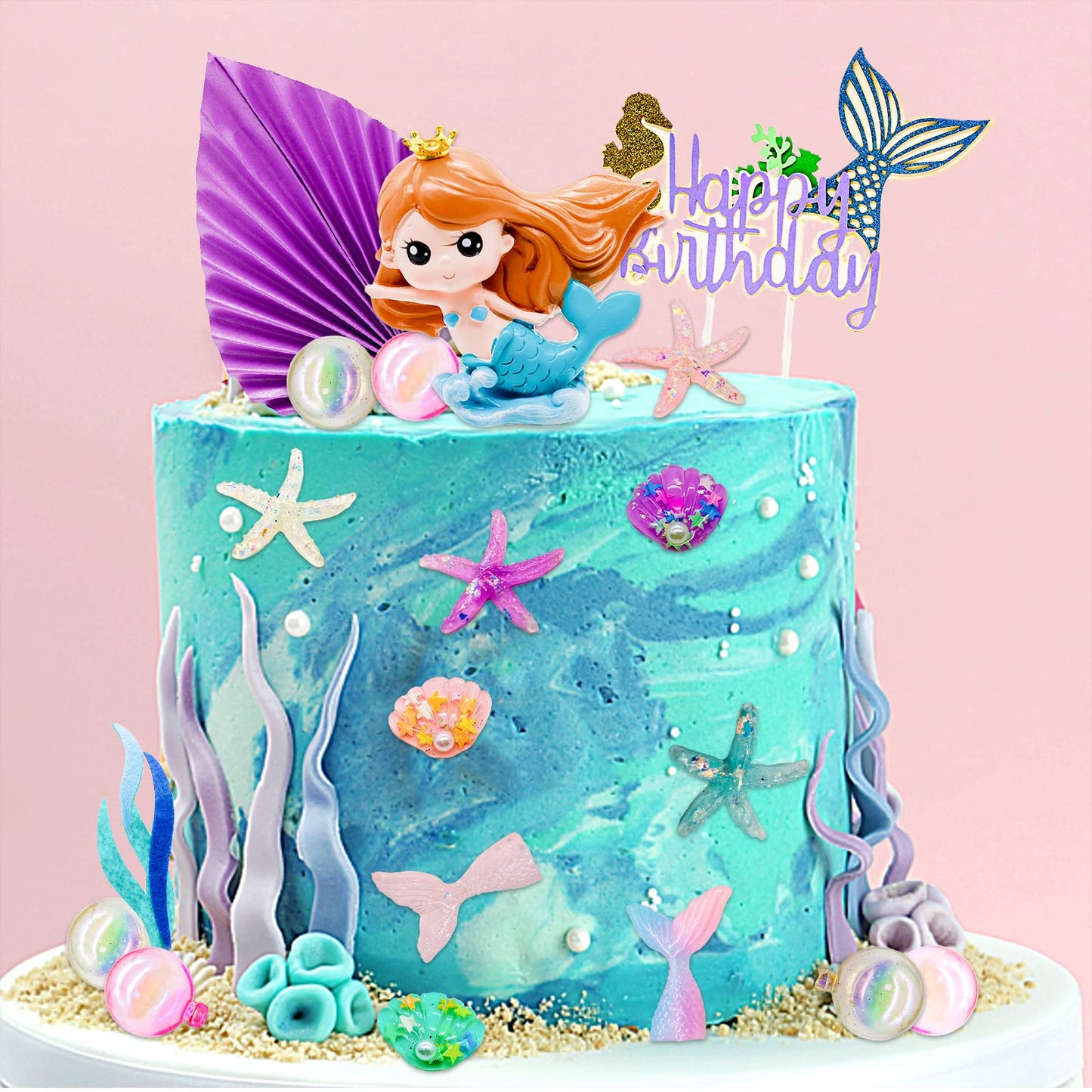 Lukinuo Mermaid Cake Toppers 24Pcs Little Mermaid Figurine Under The Sea Cake Topper Seaweed Palm Leaves Bubble Starfish Shell M