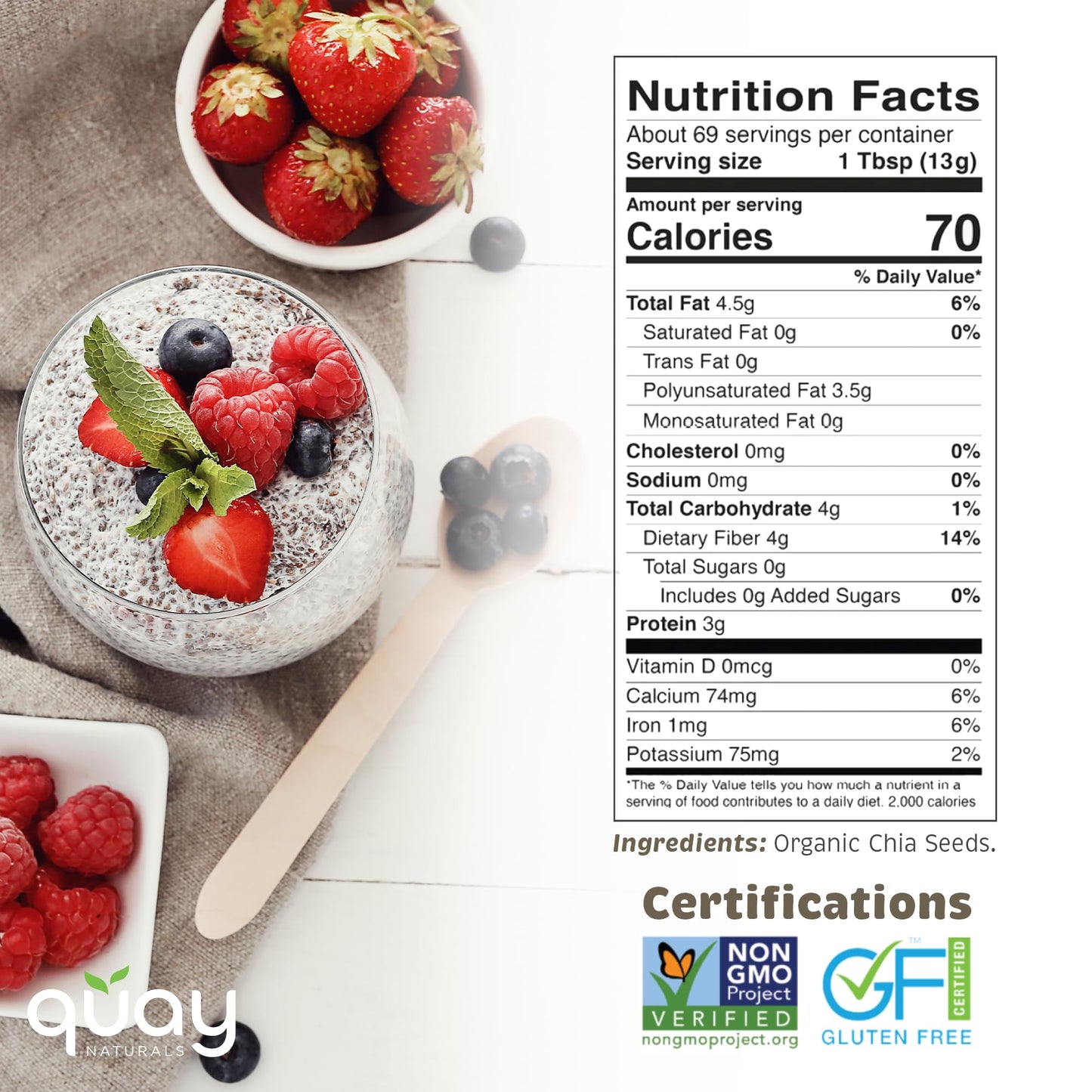 Quay Naturals Organic Chia Seeds, 2lb, Non-GMO, Gluten Free, High Fiber, Black Chia Seeds Organic