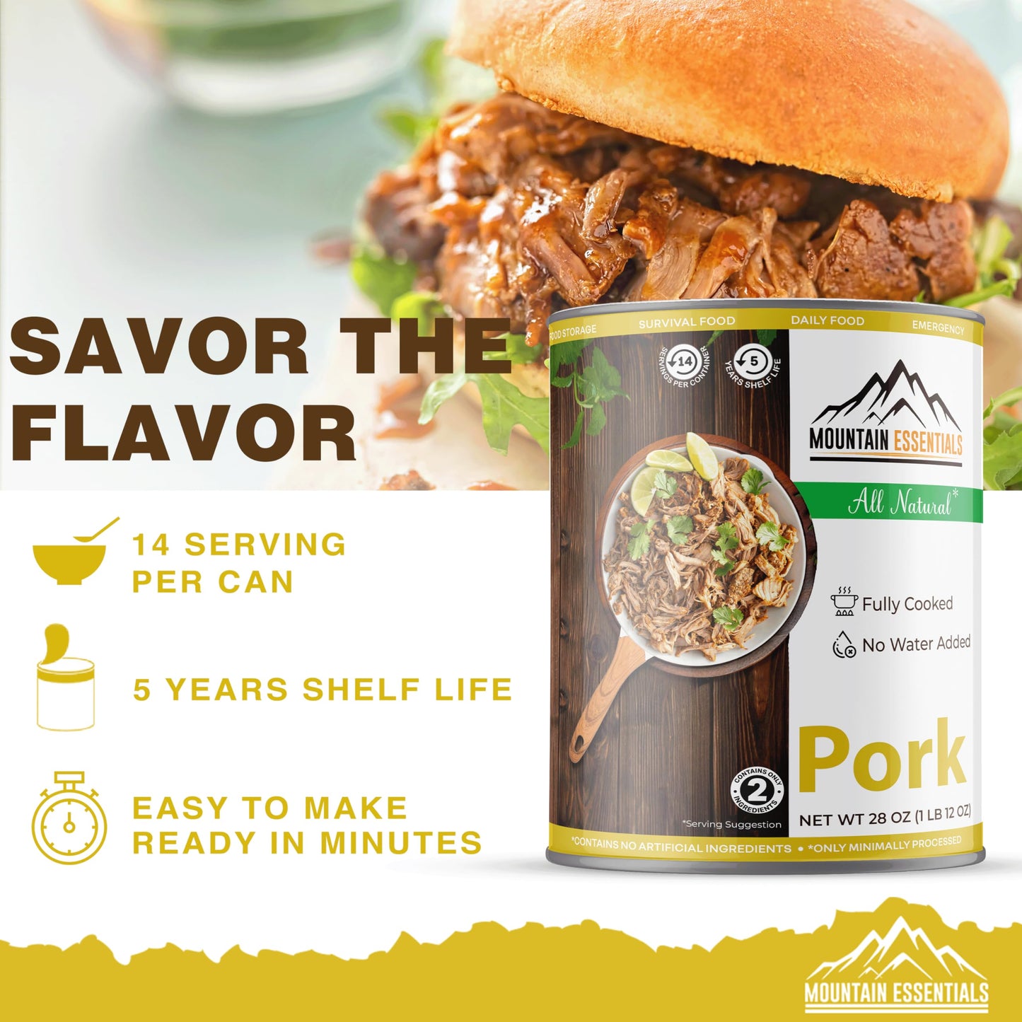 MOUNTAIN ESSENTIALS Canned Pork - Fully Cooked, Ready to Eat - Pack of 12 - 28 Oz - 5-Year Shelf Life - Made in USA