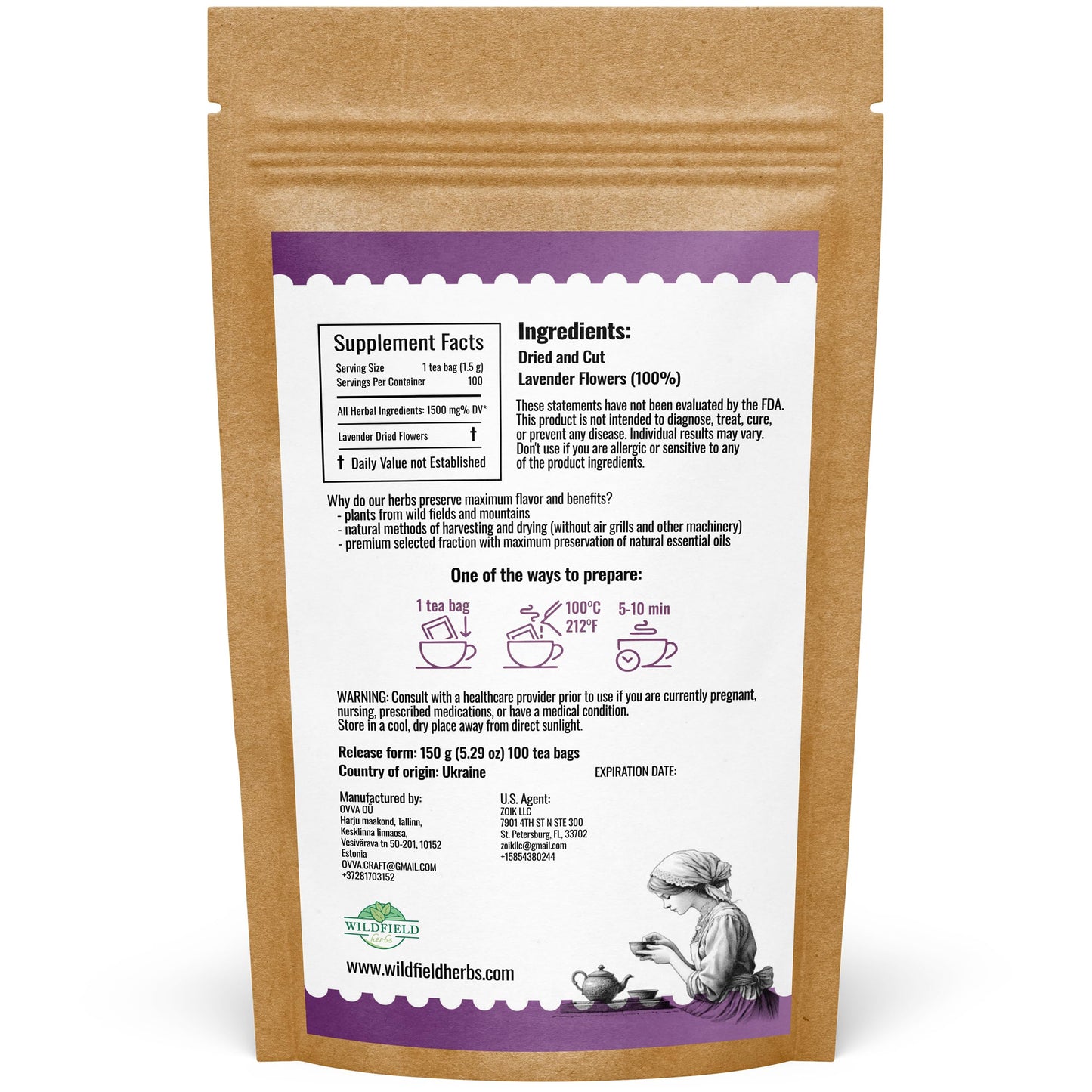 100 Bags Lavender Herb Lavender Buds Herbal Tea (Lavandula Angustifolia) - 100 Count 1.5G Bags Flowers Dried Tea Flores De Lavan