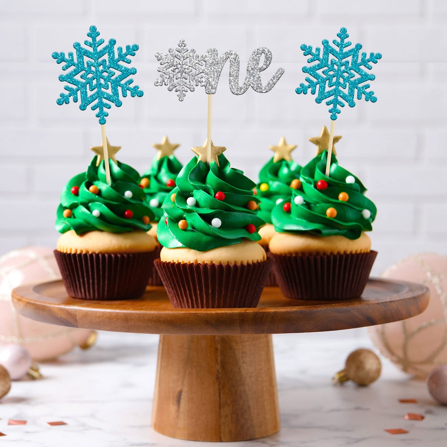 Gyufise 24 Pack Snowflake One Cupcake Toppers Blue Silver Glitter Snowflake Cupcake Pick Decorations For Winter Onederland 1St B